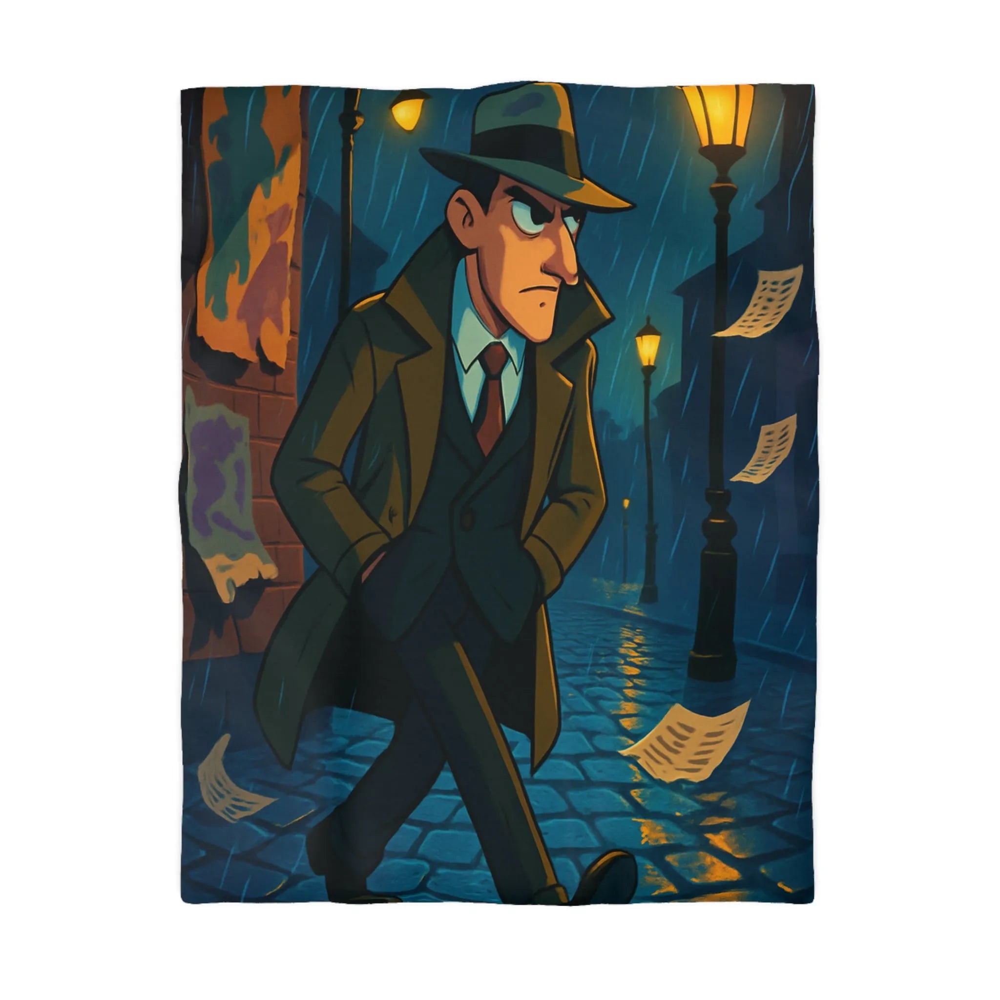 Housse de couette élégante avec détective mystérieux sous la pluie pour ambiance rétro