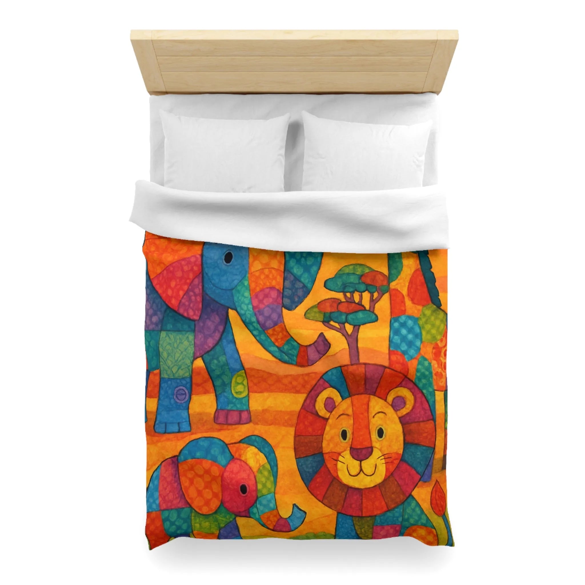 Housse de couette colorée avec éléphants, girafe et lion en style patchwork