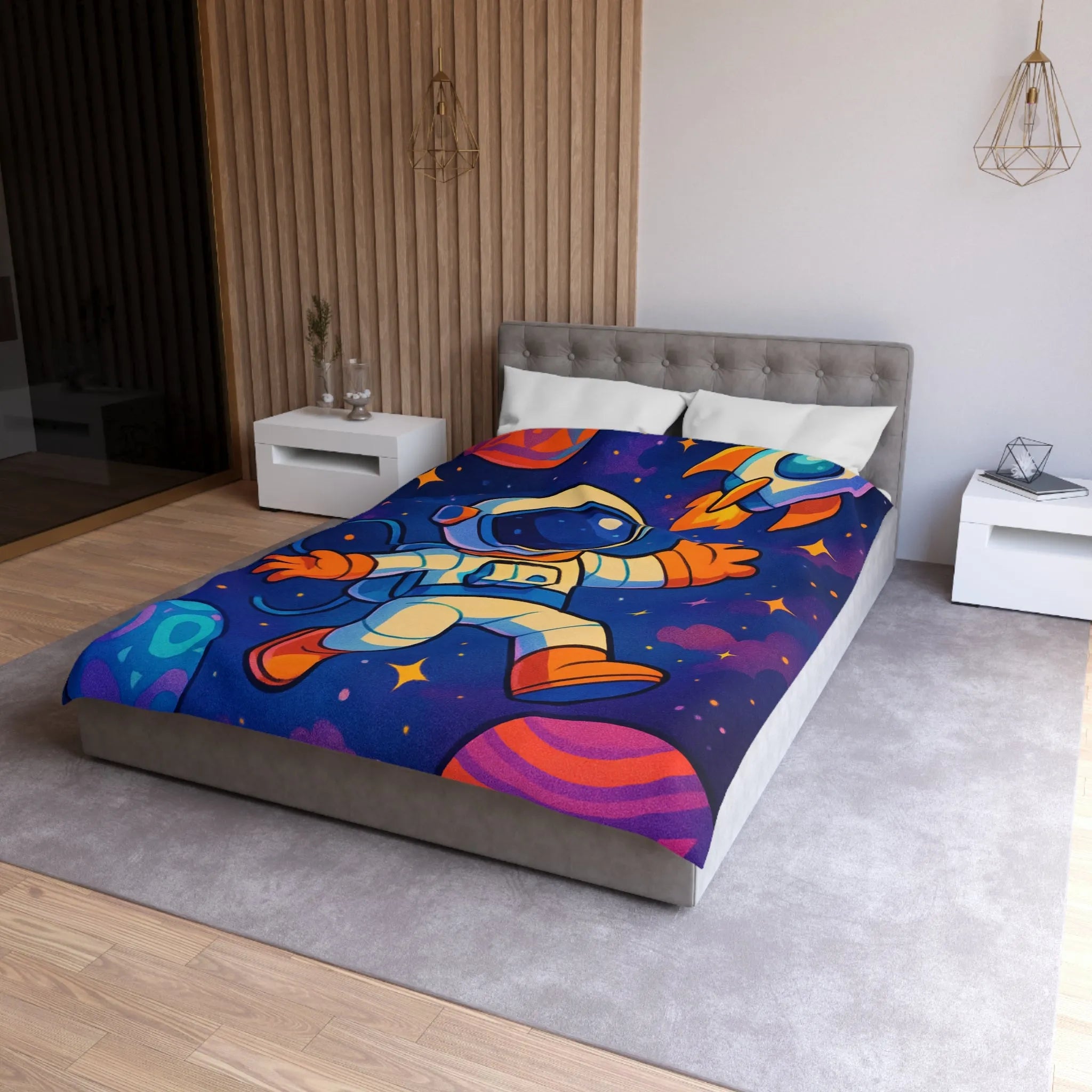 Housse de couette espace colorée avec astronaute flottant et fusée brillante
