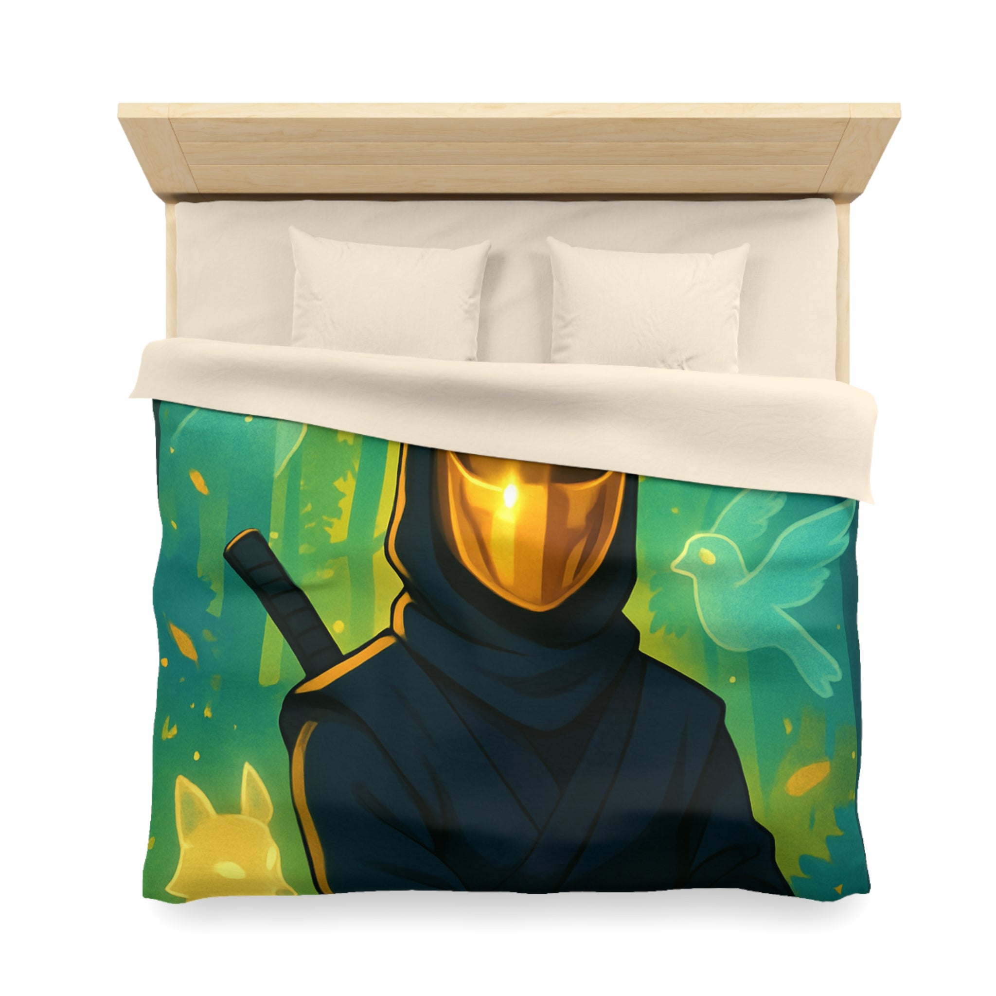 Housse de couette ninja doré avec animaux mystiques et forêts enchantées lumineuses