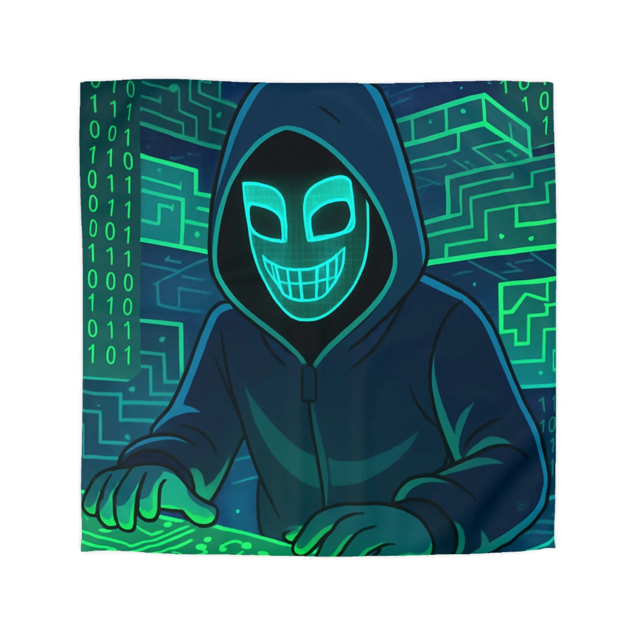 Housse de couette cyberpunk avec motif de hacker masqué et circuit numérique lumineux