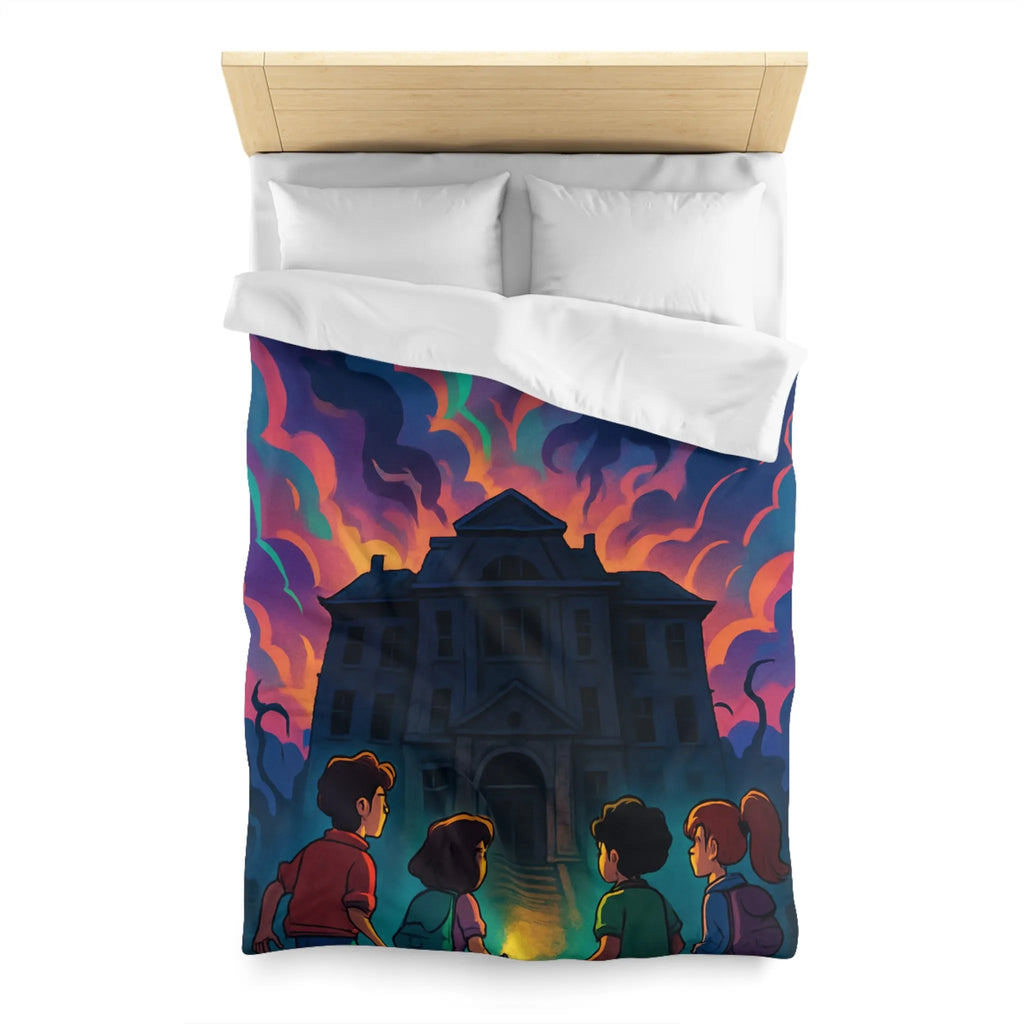 Housse de couette colorée avec maison hantée et nuages effrayants pour chambre inspirée