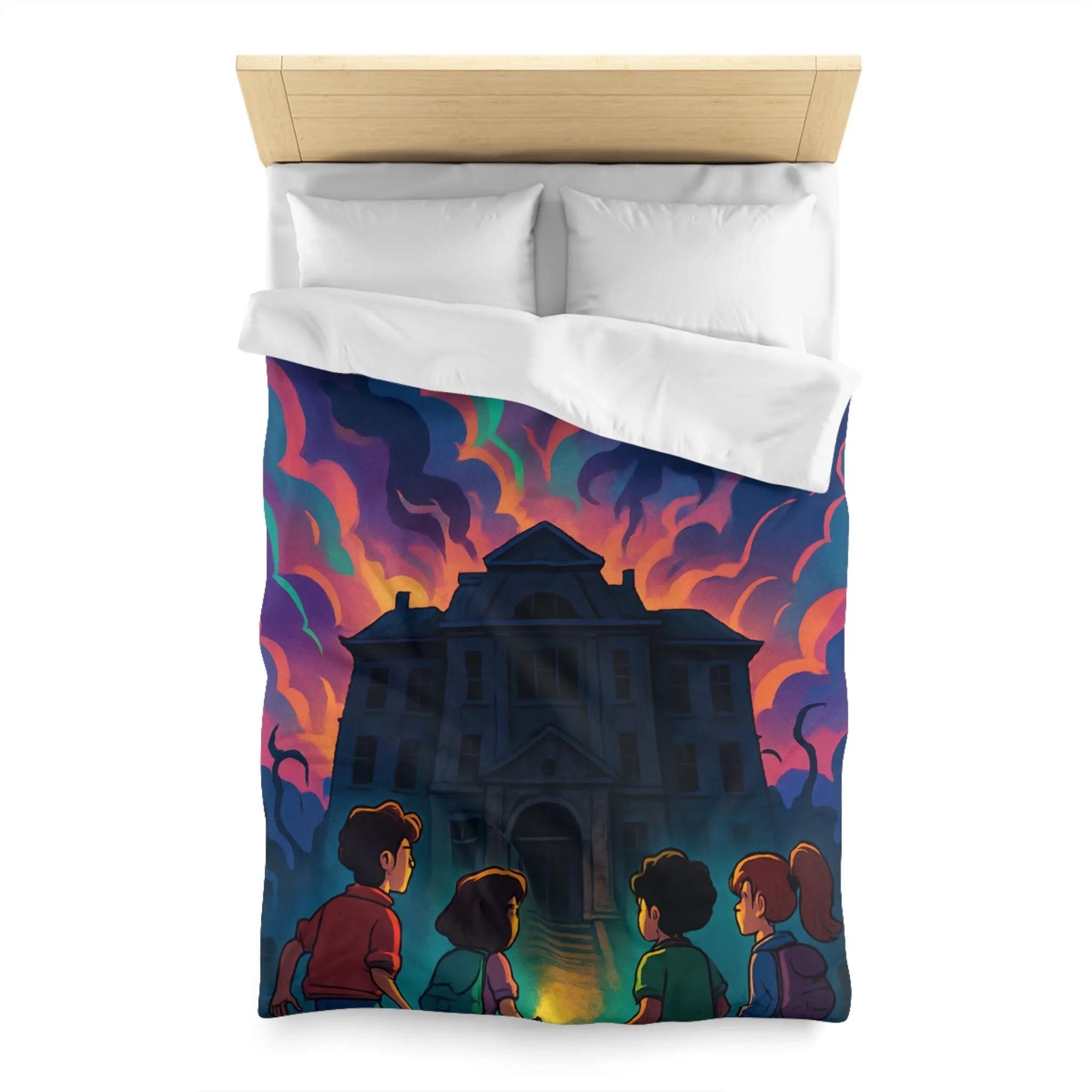 Housse de couette colorée avec maison hantée et nuages effrayants pour chambre inspirée