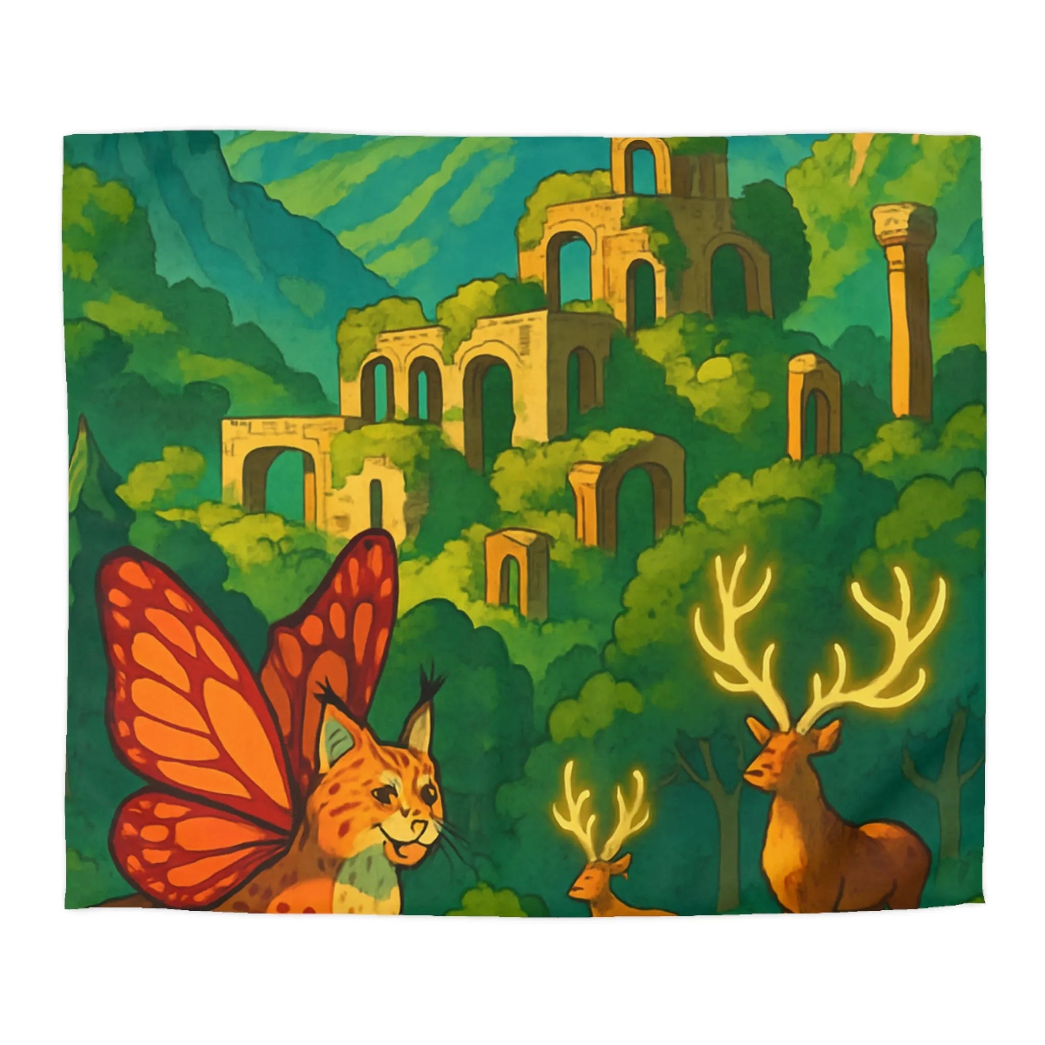 Housse de couette avec lynx ailés et ruines mystiques en montagne colorée