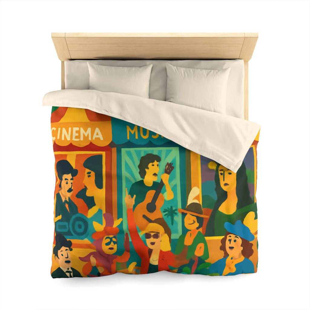 Housse de couette colorée avec motifs cinéma, musique et art, ambiance festive bohème