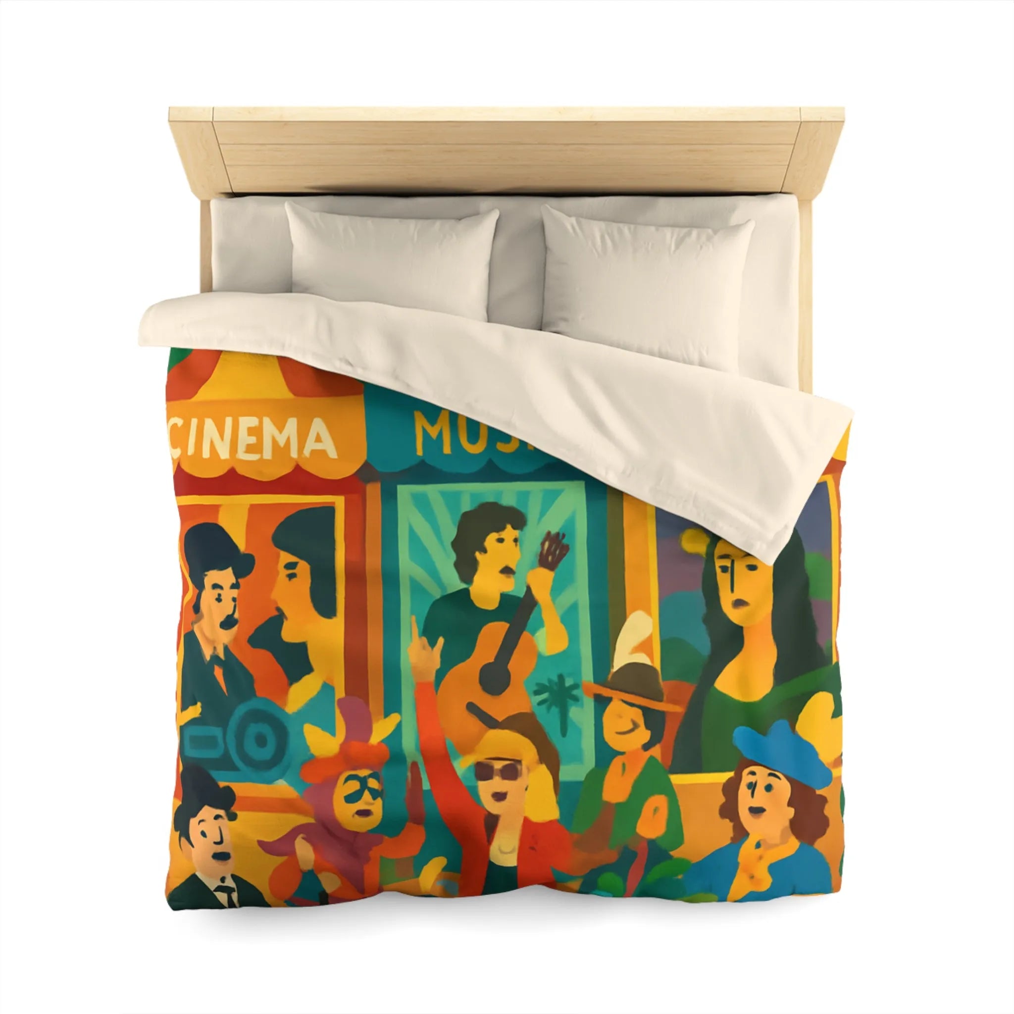 Housse de couette colorée avec motifs cinéma, musique et art, ambiance festive bohème
