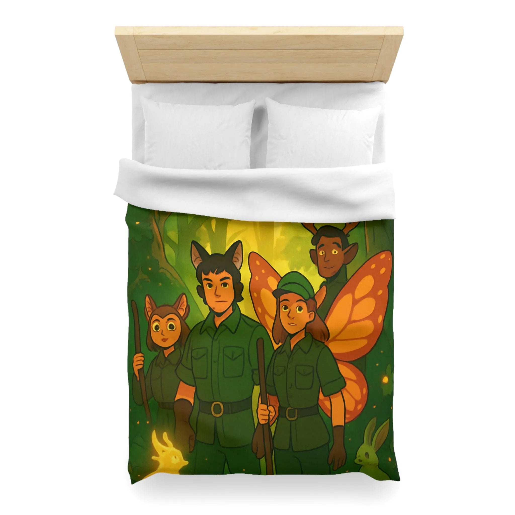 Housse de couette féerique avec gardiens de forêt, animaux magiques, ambiance verte et lumineuse