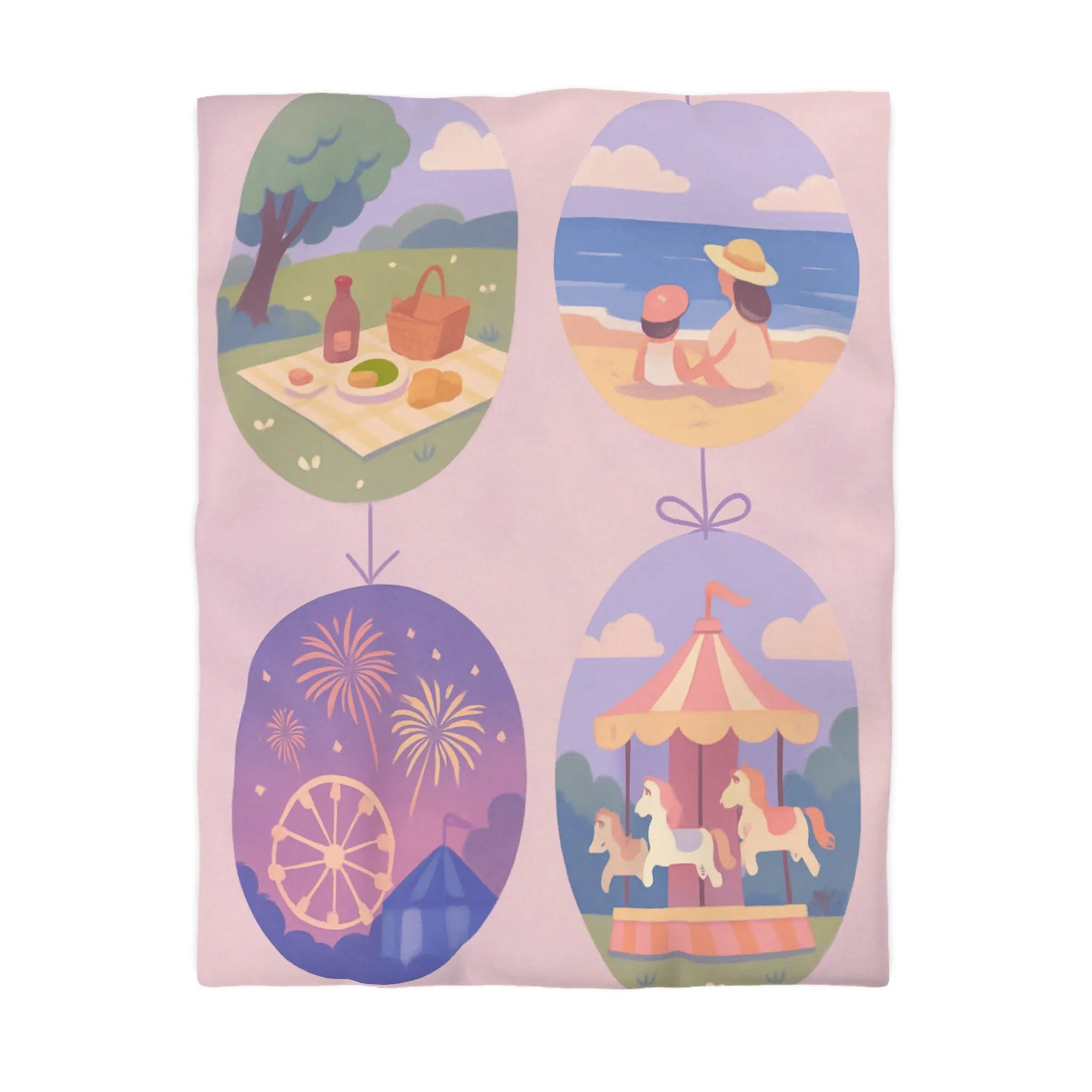 Douce Housse de Couette avec Scènes de Nature et Loisir Pastel Évoquant Sérénité