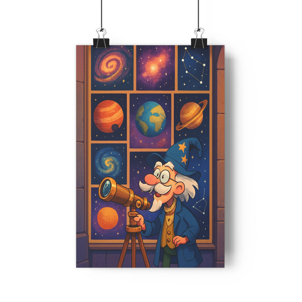 Poster décoratif cartoon astronome étoiles bleu orange chambre enfant joyeux cosmique planètes constellations galaxies