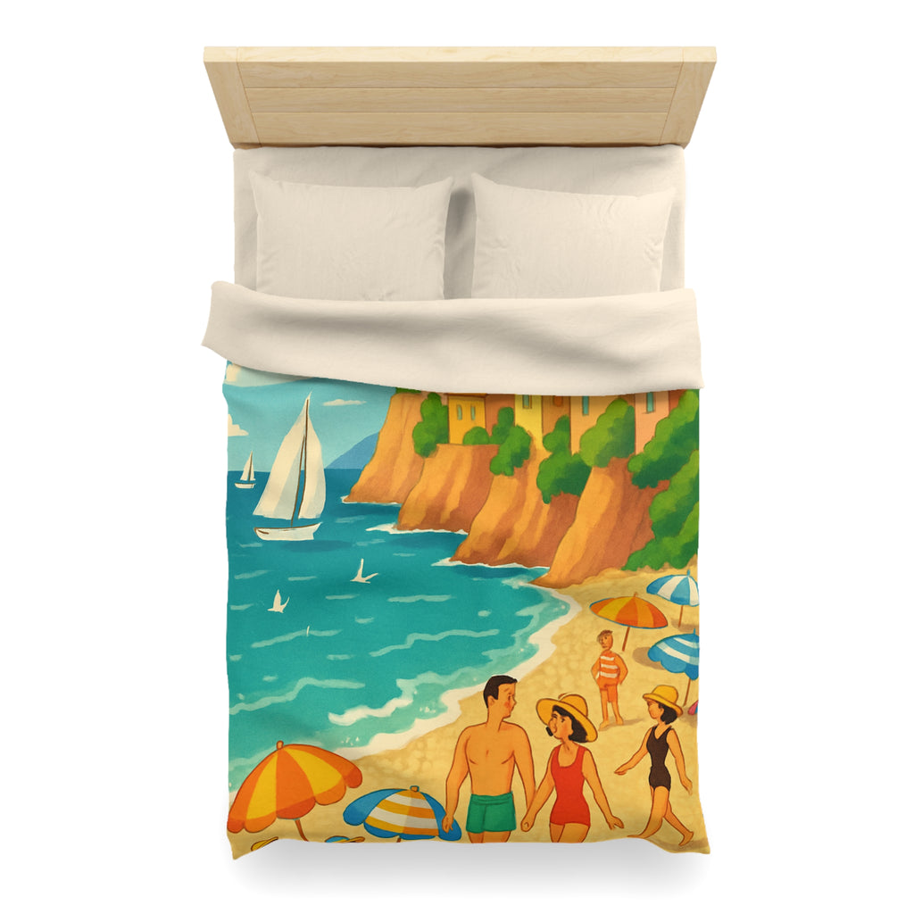 Housse de couette plage méditerranéenne avec paysages colorés et vacanciers ensoleillés