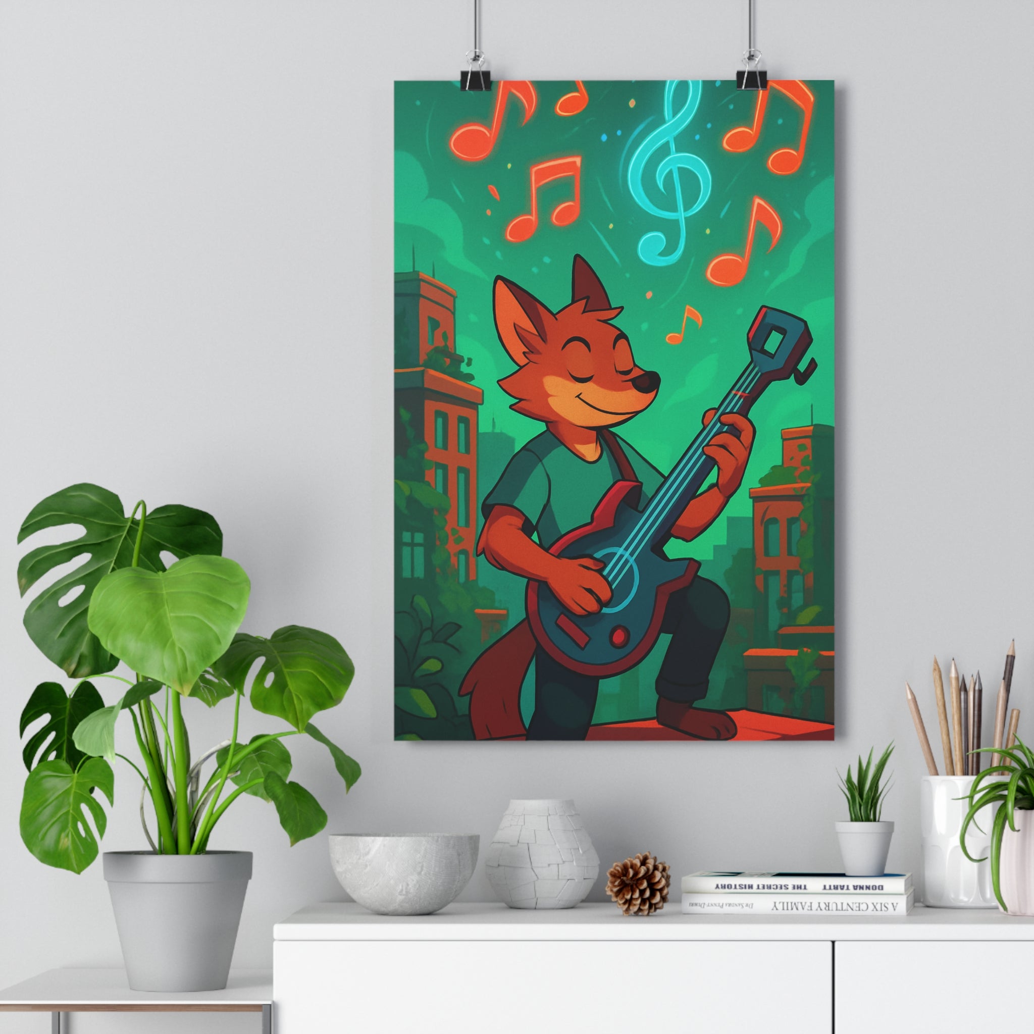 Poster décoratif jungle verte orange urbain cartoon joyeux chambre salon musique animal guitare futuriste