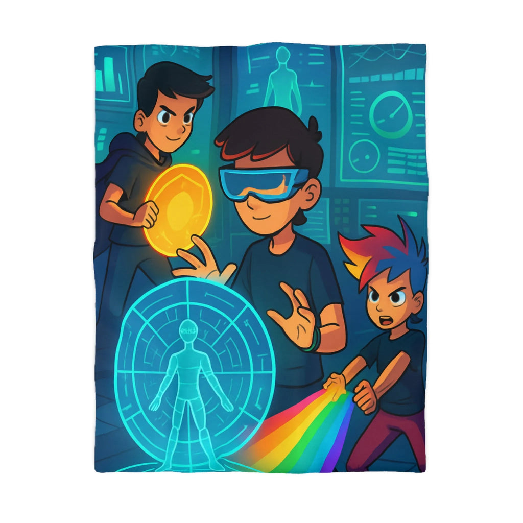 Housse de couette colorée avec enfants explorant un monde futuriste numérique et lumineux