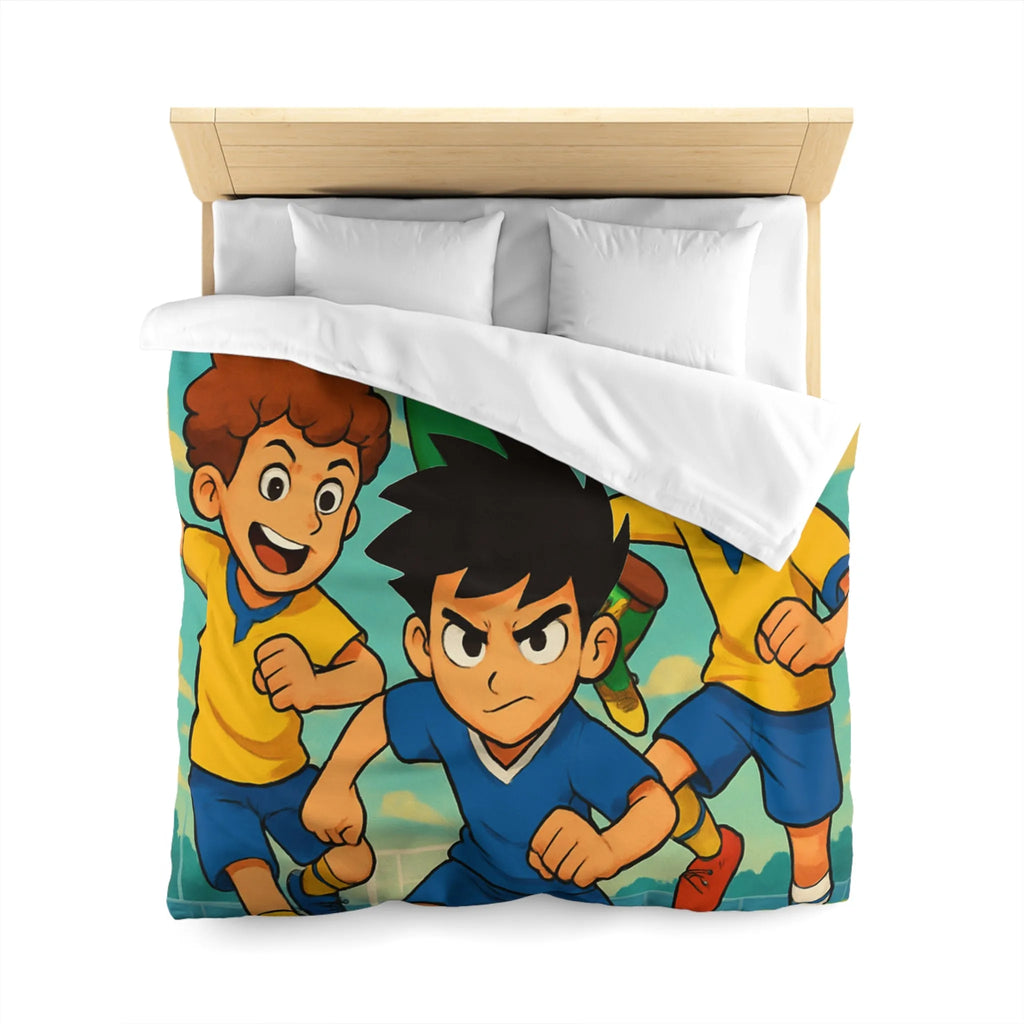 Housse de couette football enthousiaste pour enfants avec joueurs en action et ciel bleu