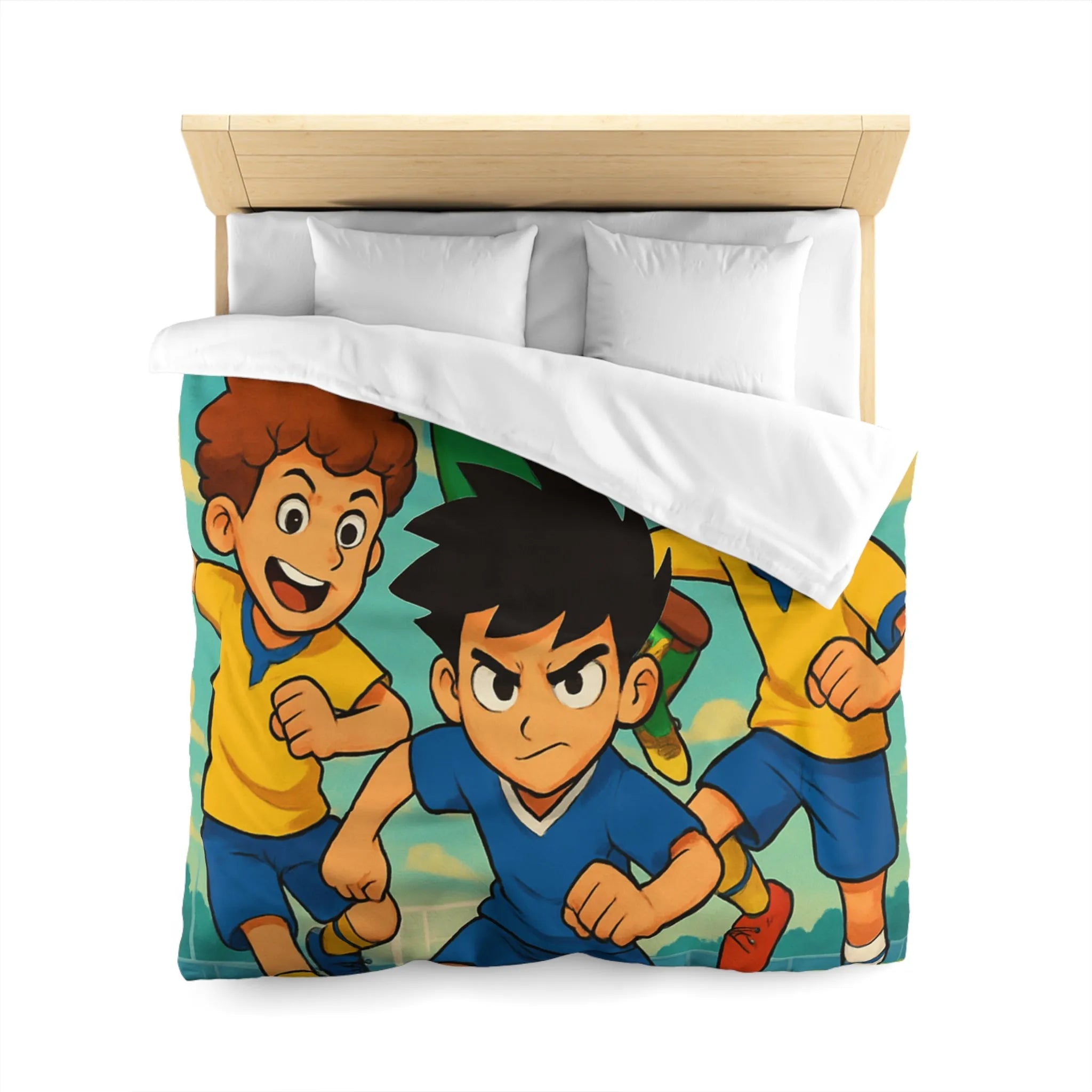 Housse de couette football enthousiaste pour enfants avec joueurs en action et ciel bleu