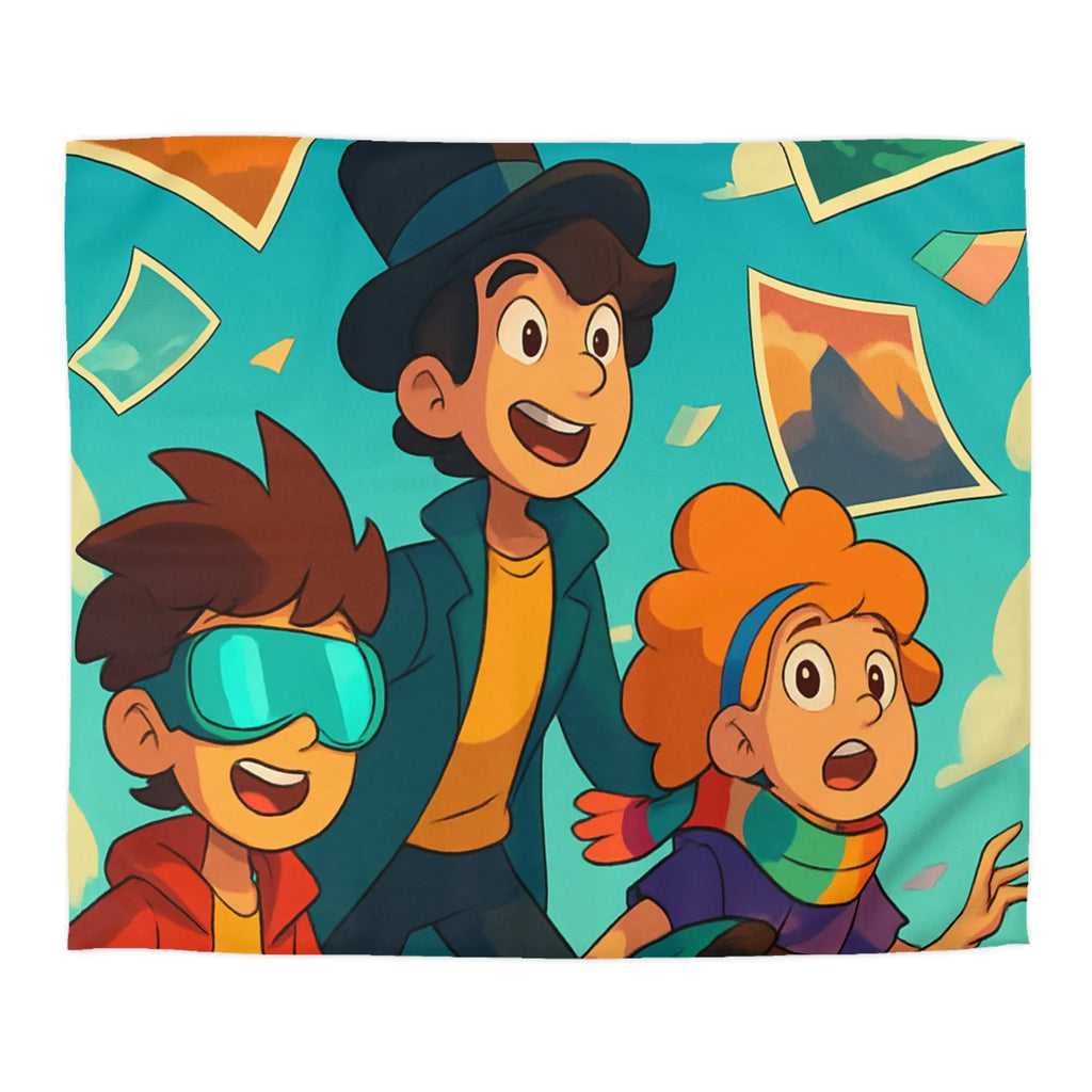 Housse de couette colorée avec enfants explorateurs et illustrations de paysages flottants