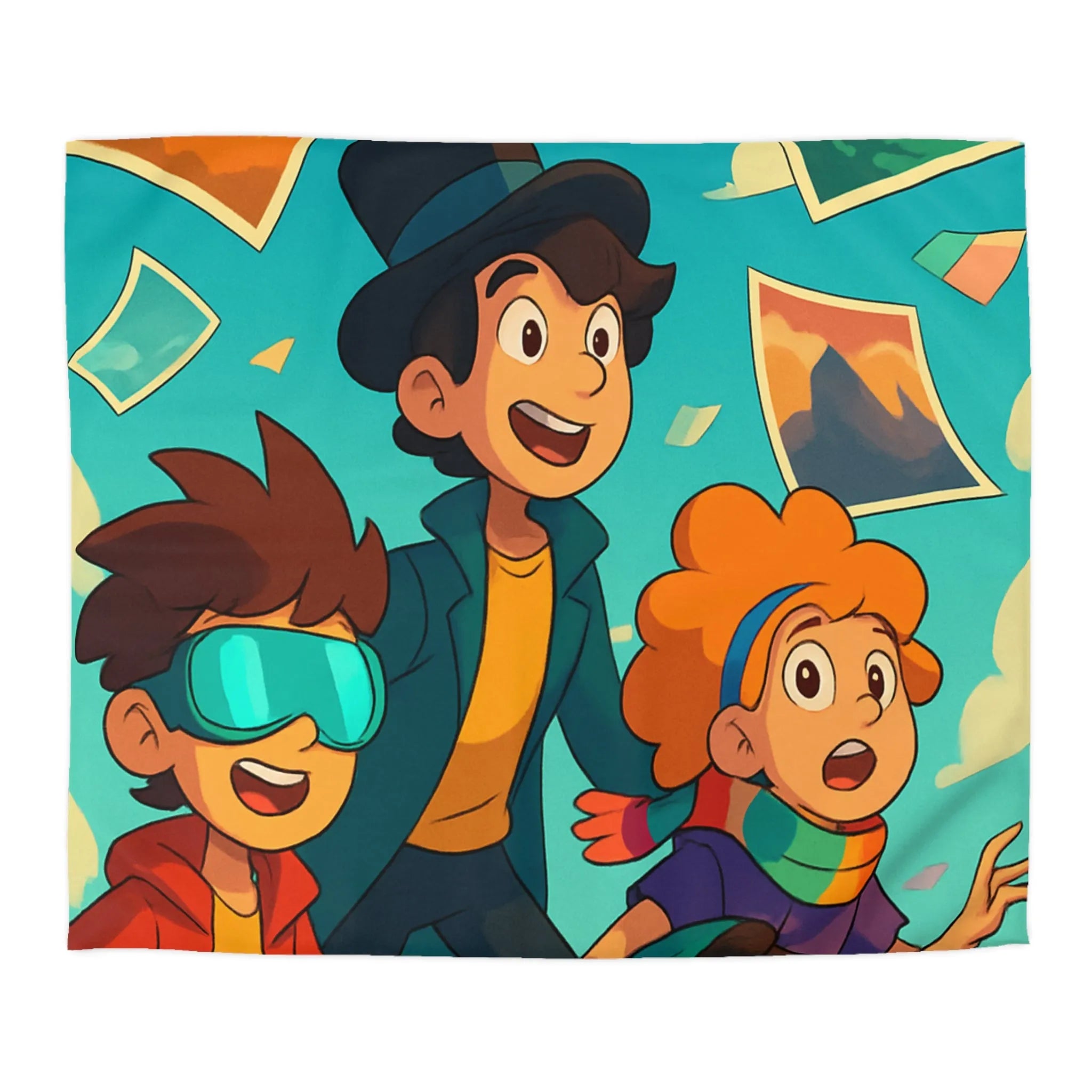 Housse de couette colorée avec enfants explorateurs et illustrations de paysages flottants