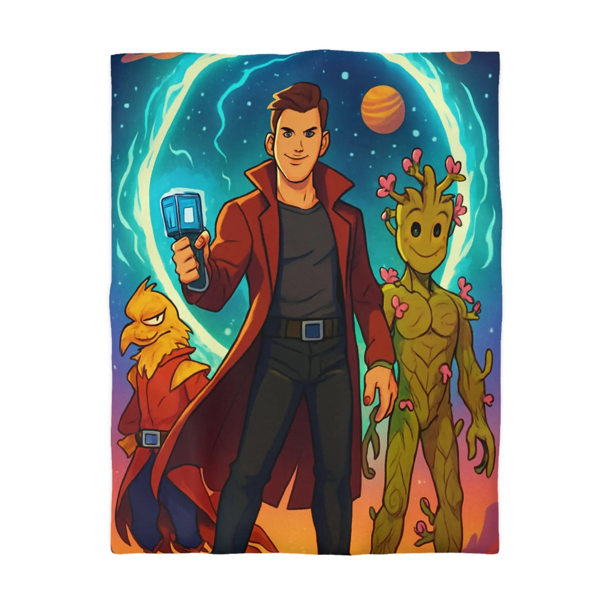 Housse de couette espace avec personnages héroïques colorés et univers rétro futuriste