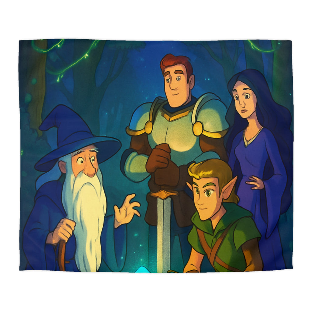 Personnages de Fantasy Réunis Autour d'un Cristal Lumineux dans la Forêt Enchantée