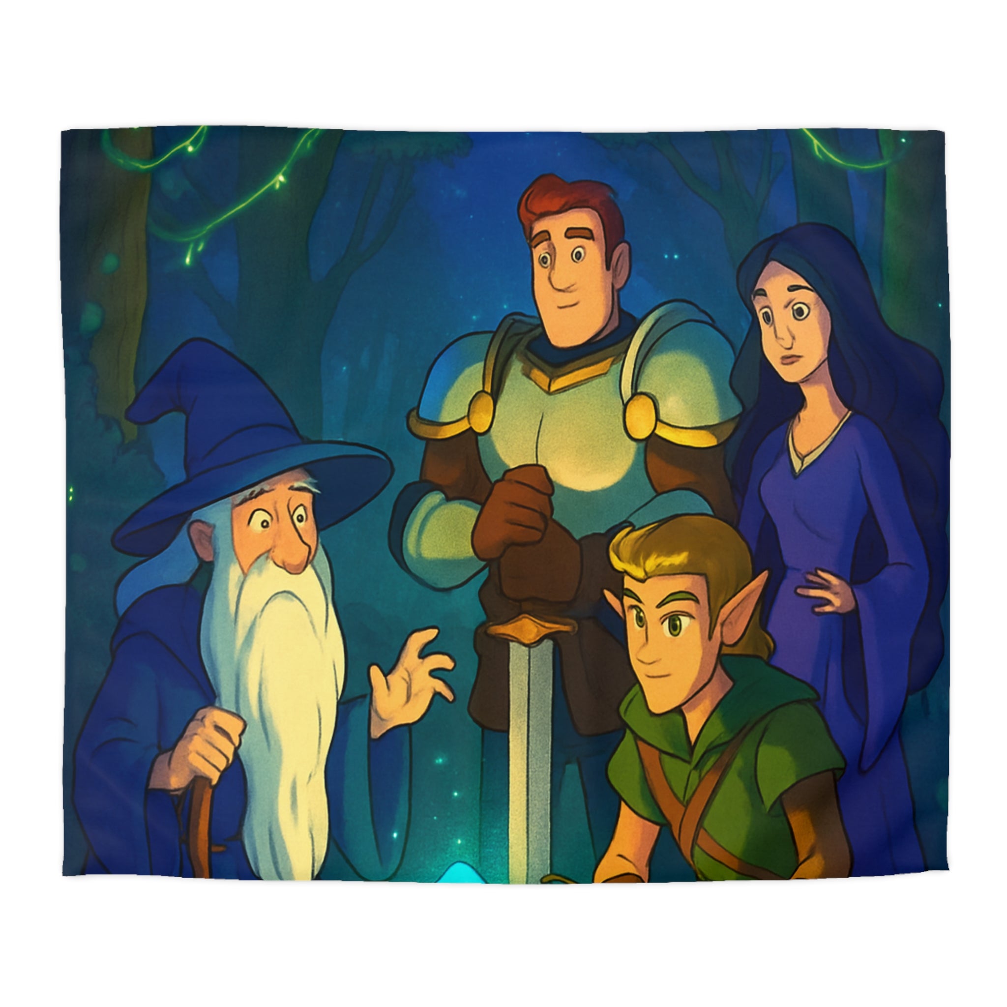 Personnages de Fantasy Réunis Autour d'un Cristal Lumineux dans la Forêt Enchantée