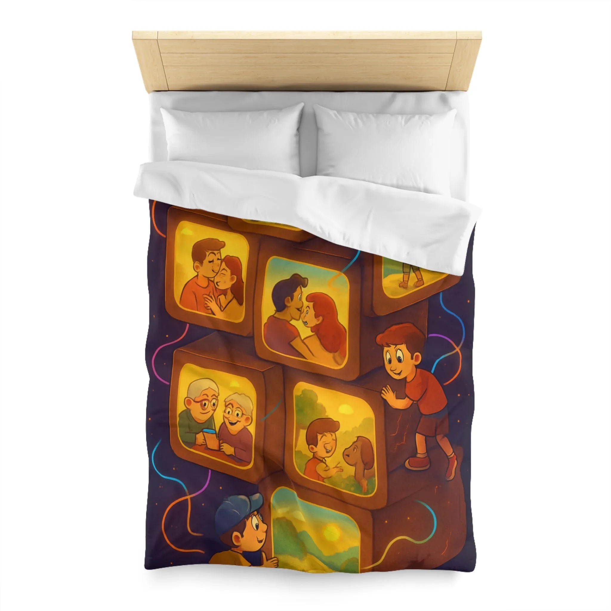 Housse de Couette Illustrée avec Scènes de Famille et Couleurs Chaudes, Ambiance Rétro