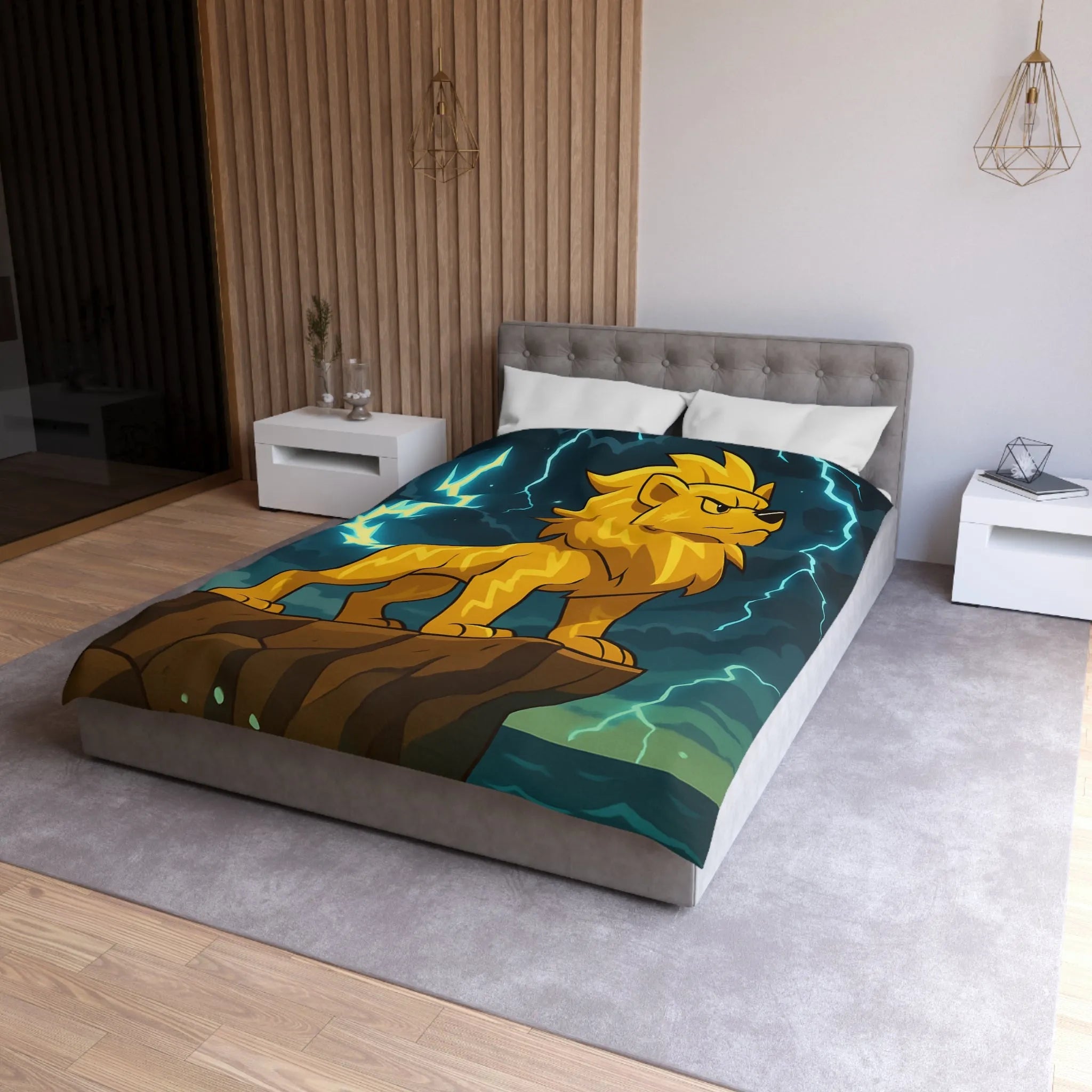 Housse de couette lion éclair lumineux, style animé, ambiance puissante, couleurs vibrantes