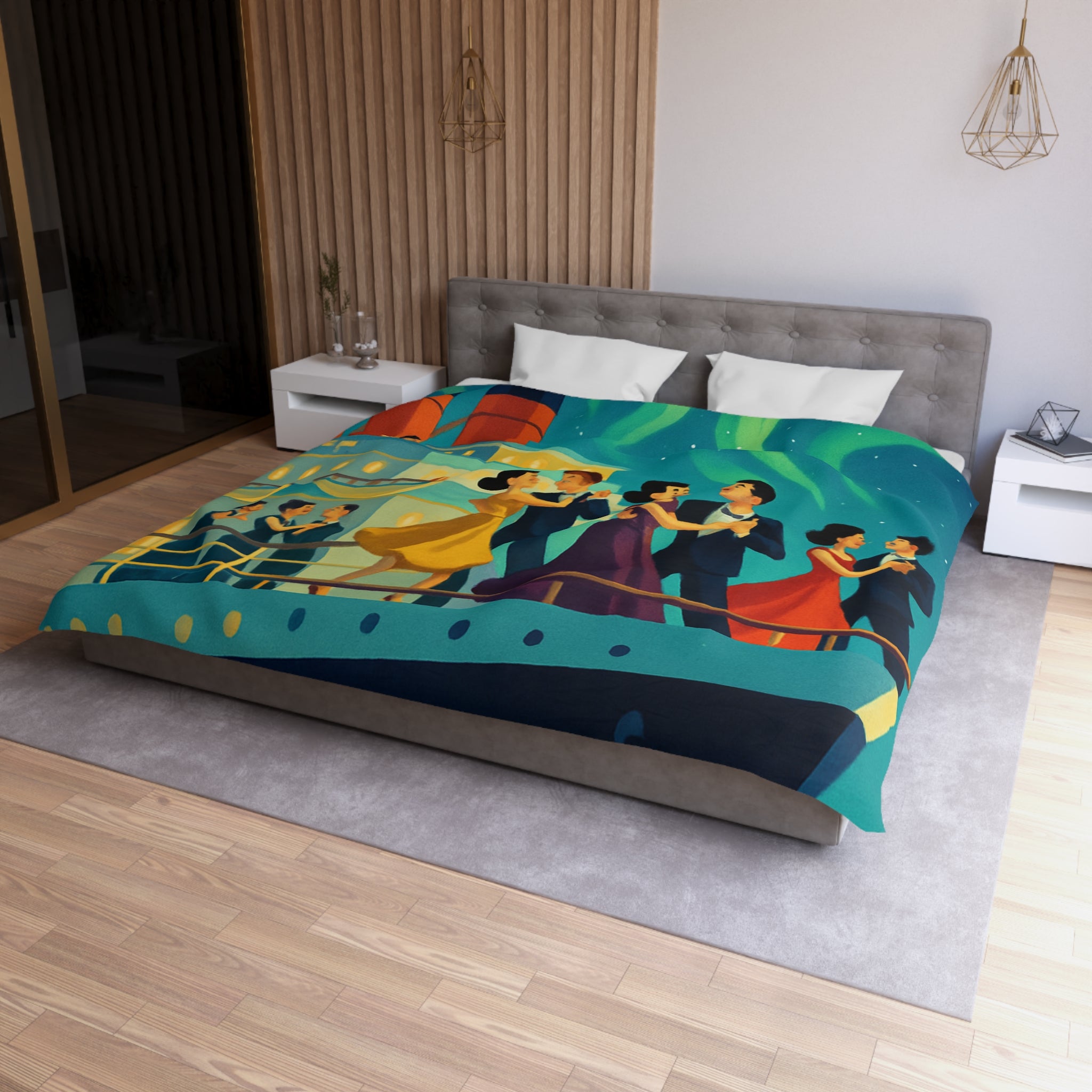 Housse de couette rétro dance nocturne aurores boréales croisière bateau élégant