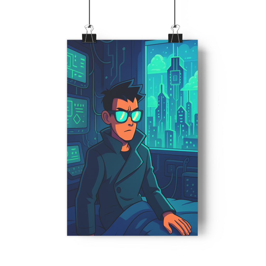 Poster décoratif futuriste anime bleu vert mystique chambre salon bureau technologique moderne ambiance unique