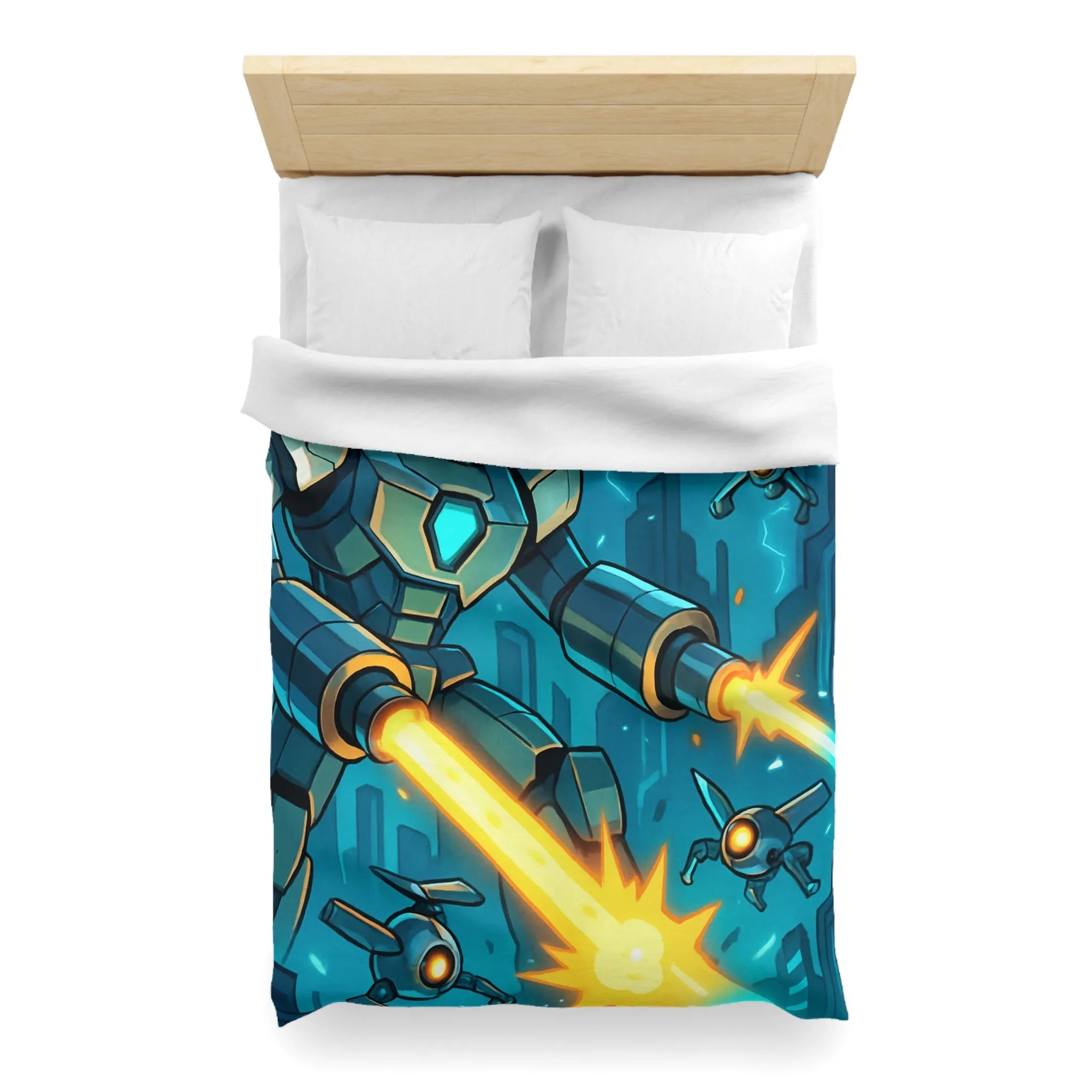 Housse de couette illustrant un robot tirant des lasers dans une ville futuriste la nuit