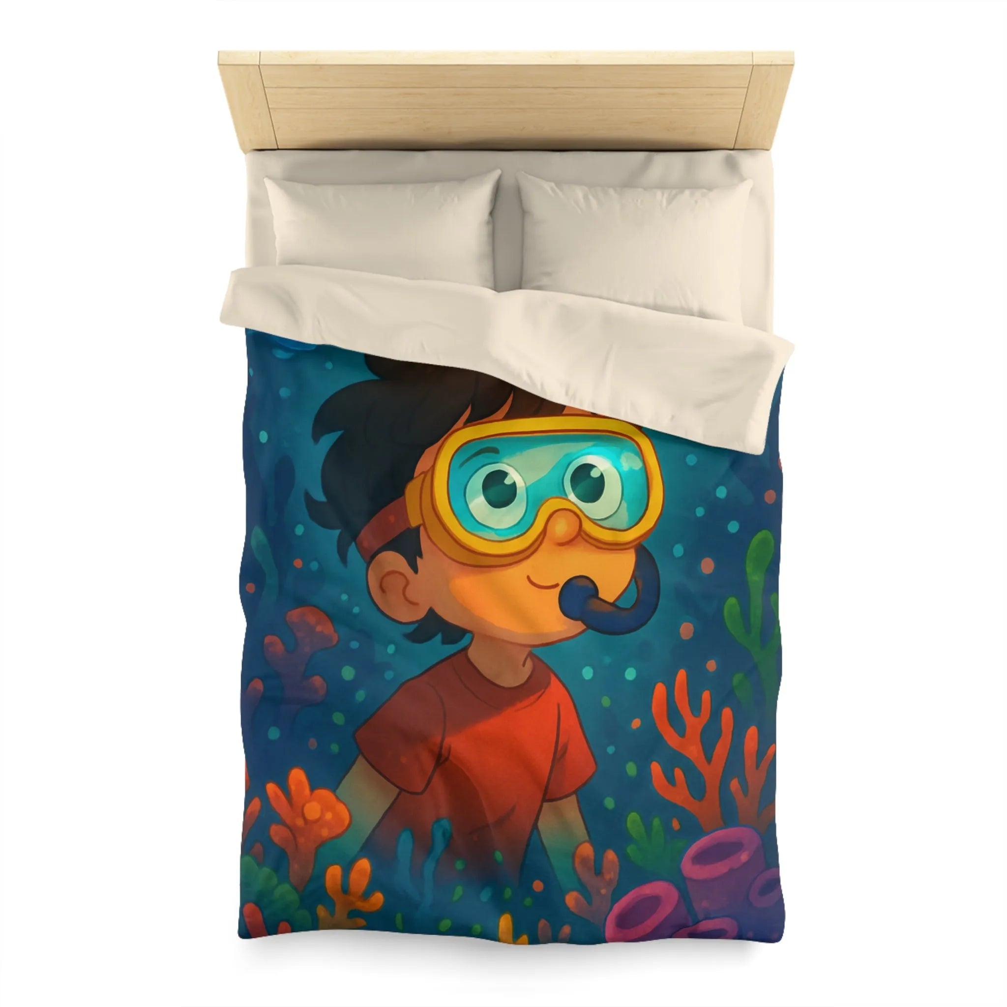 Housse de couette enfantine avec motif sous-marin coloré poisson et garçon plongeur dessiné