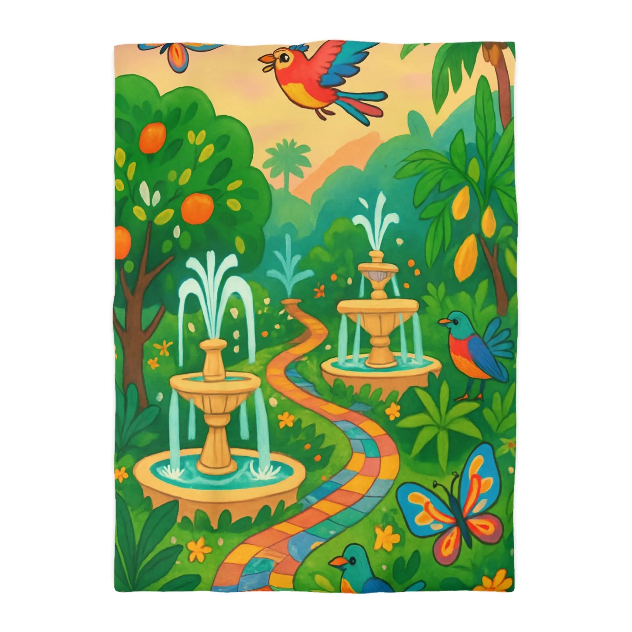 Housse de couette colorée avec oiseaux et fontaines dans jardin tropical vibrant