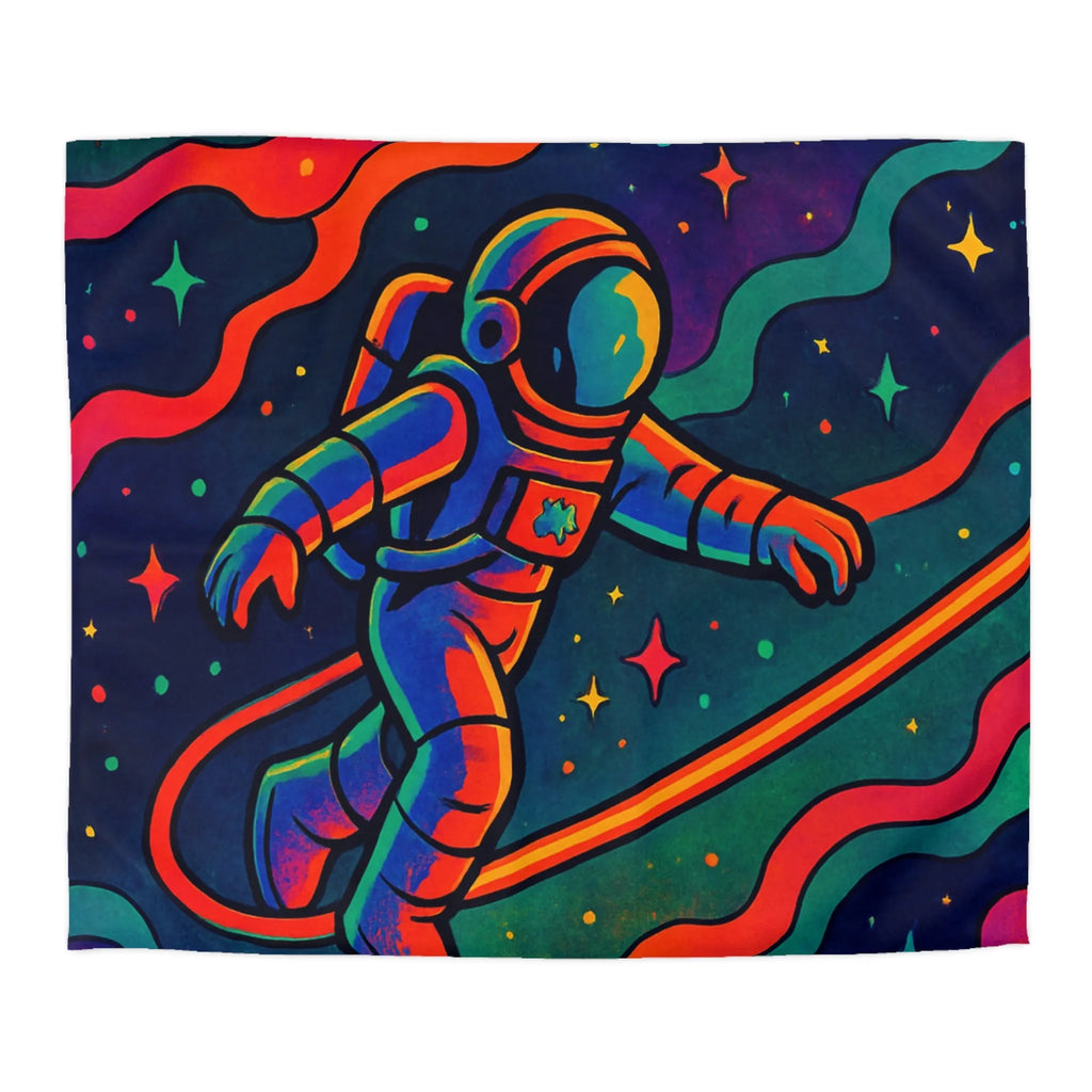 Housse de couette astronaute flottant dans un cosmos aux couleurs psychédéliques vibrantes