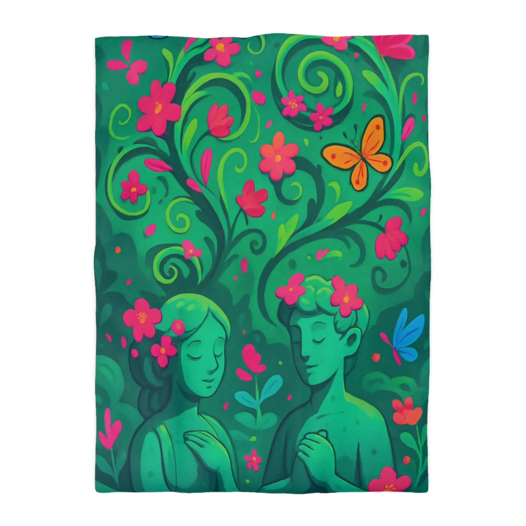 Housse de couette artistique avec illustration florale et papillons colorés en harmonie