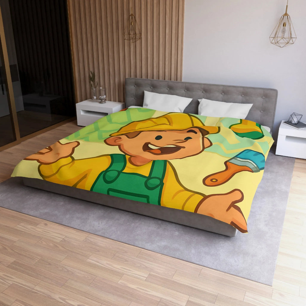 Housse de couette joyeuse pour enfants avec outils de bricolage et personnage souriant