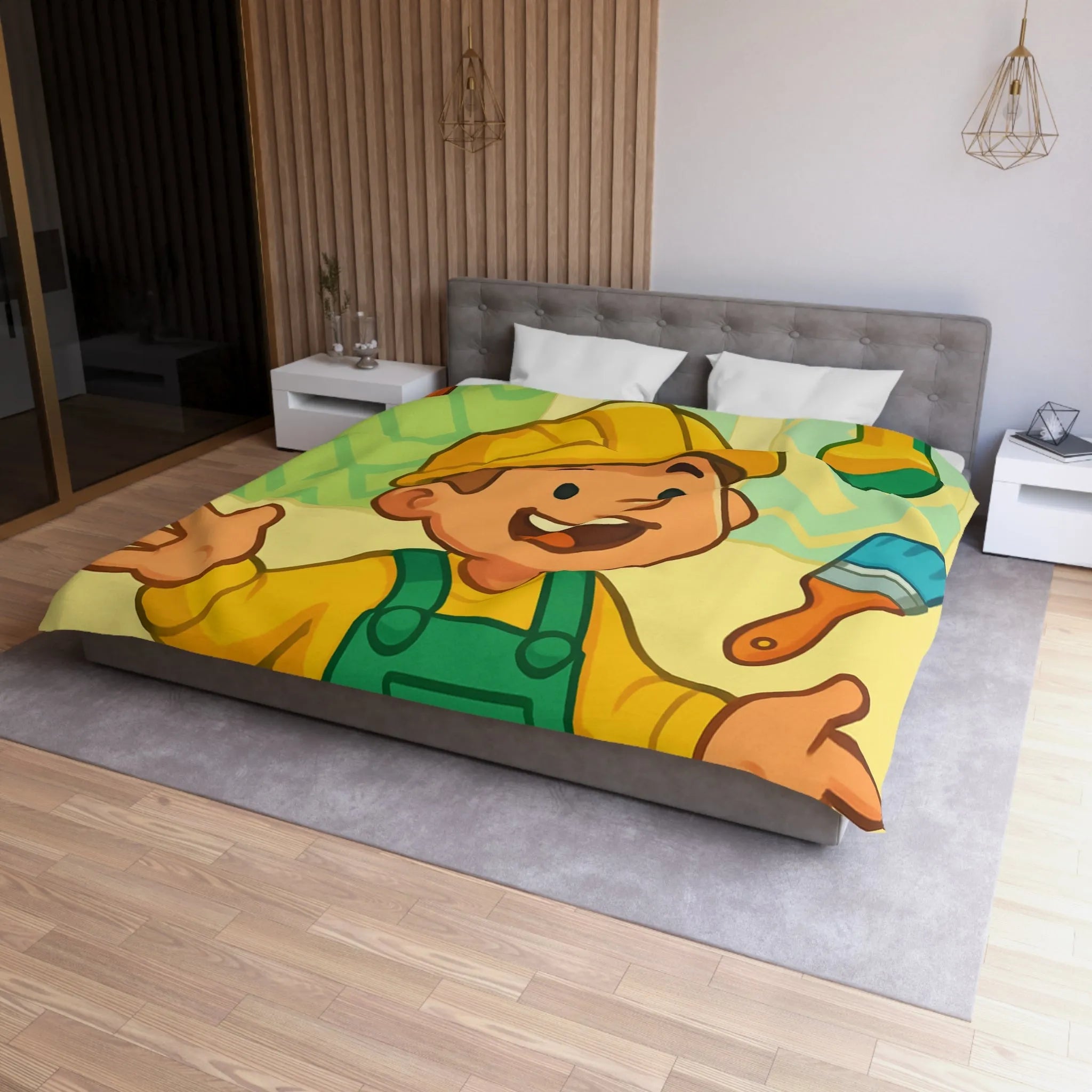 Housse de couette joyeuse pour enfants avec outils de bricolage et personnage souriant