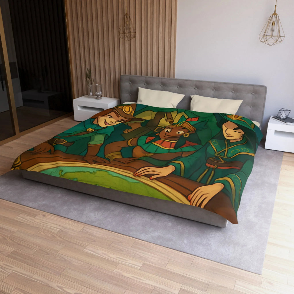 Housse de couette aventuriers explorateurs carte monde globe chapeaux costumes colorés ambiance ludique