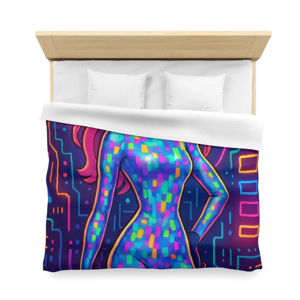 Housse de couette futuriste néon avec motif de femme cyborg colorée et lumineuse
