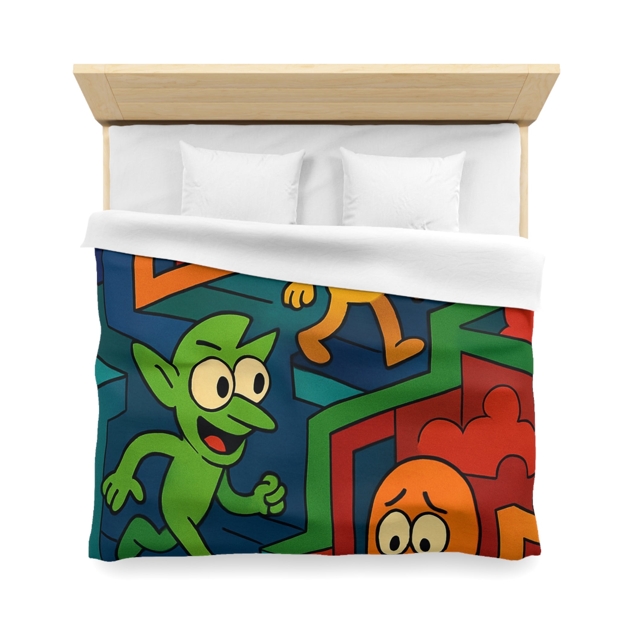 Housse de couette multicolore avec labyrinthes et personnages fantaisistes en motifs géométriques