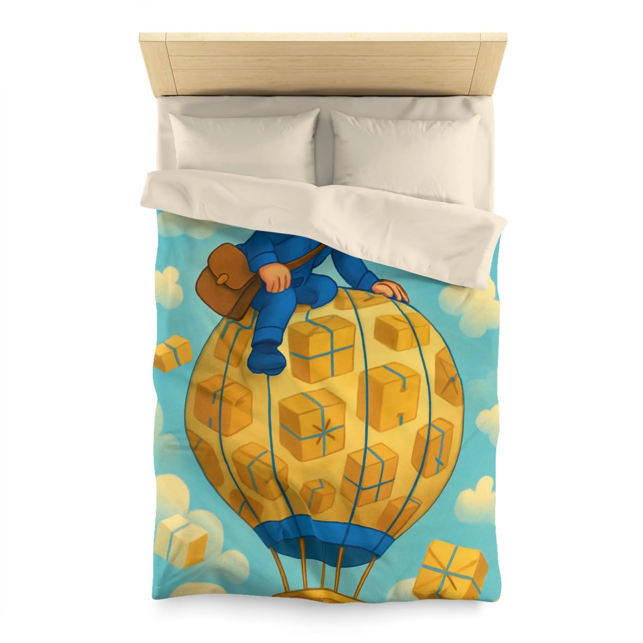 Housse de couette colorée avec montgolfière et livreur volant dans le ciel animés