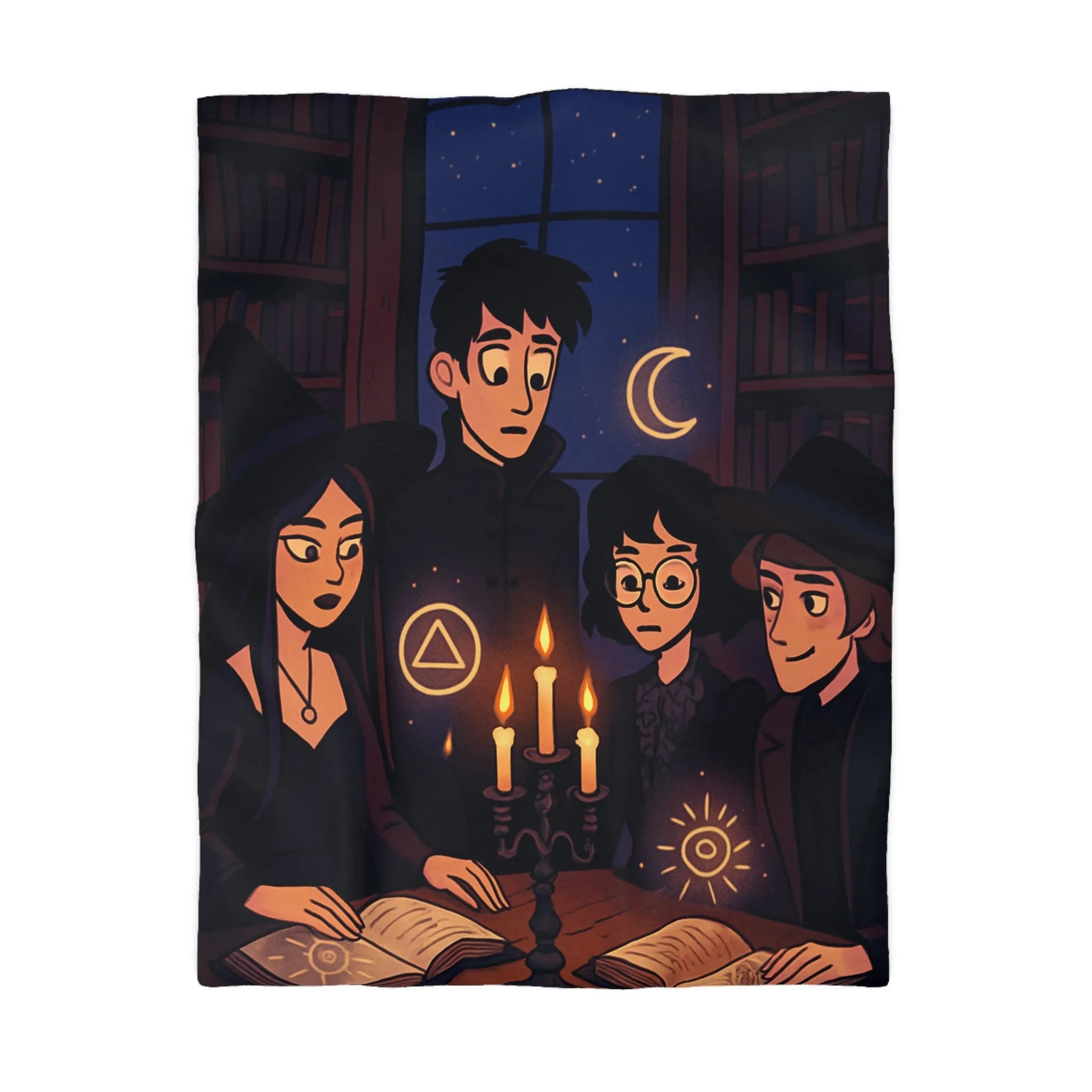 Housse de couette magique avec jeunes sorciers, symboles mystérieux et ambiance nocturne enchantée