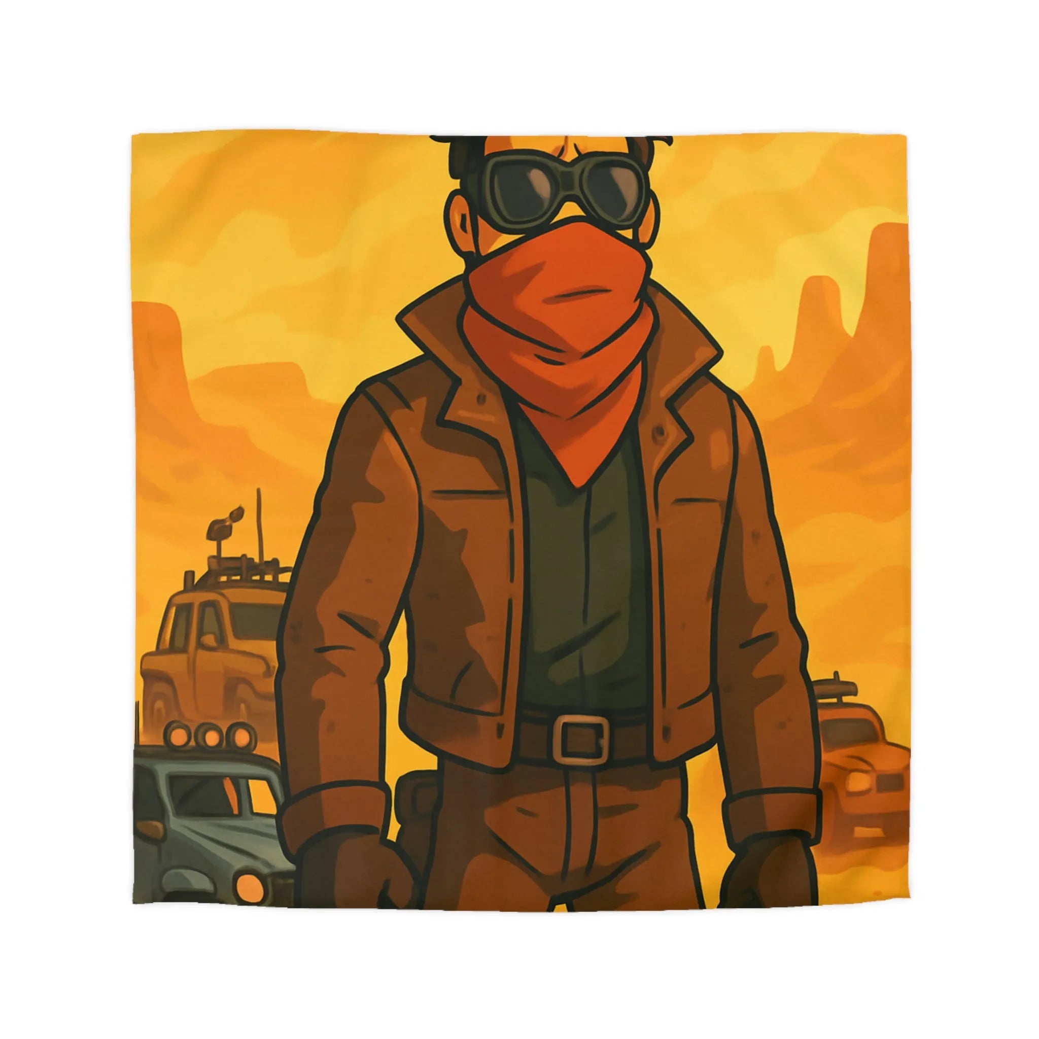 Housse de couette désert post-apocalyptique avec style bande dessinée et personnage héroïque