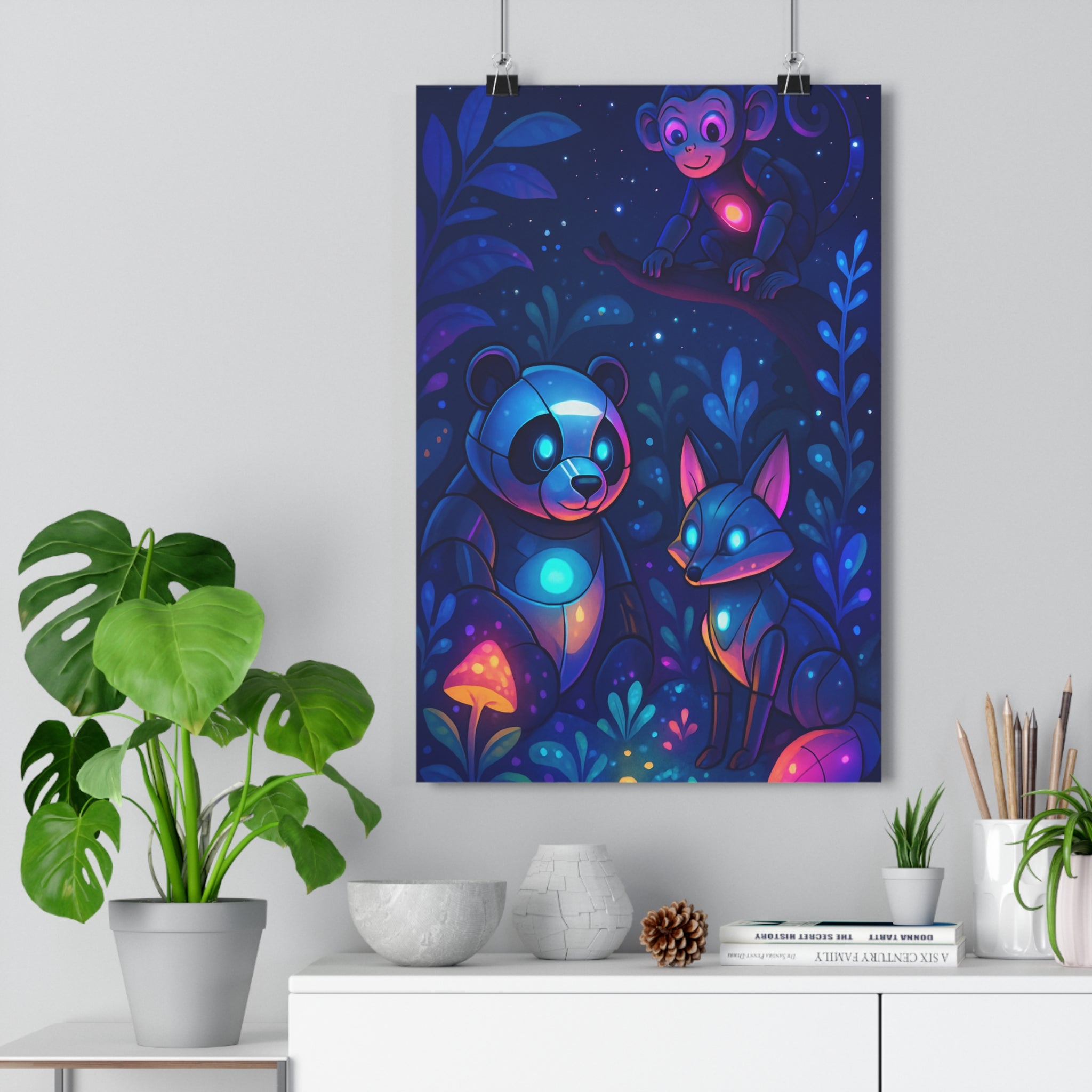 Poster décoratif animaux robotique coloré lumineux aventure chambre enfant moderne magique ambiance unique vibrant