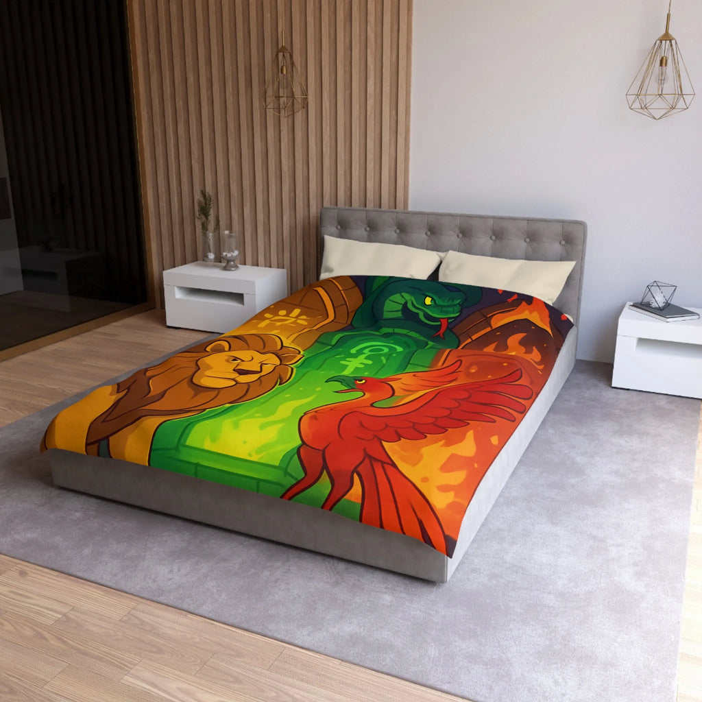 Housse de couette avec motifs lion, serpent et phénix sur fond médiéval magique