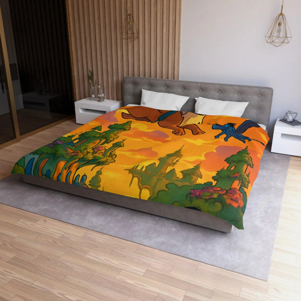 Housse de couette magique avec créatures volantes et paysage fantastique au coucher du soleil