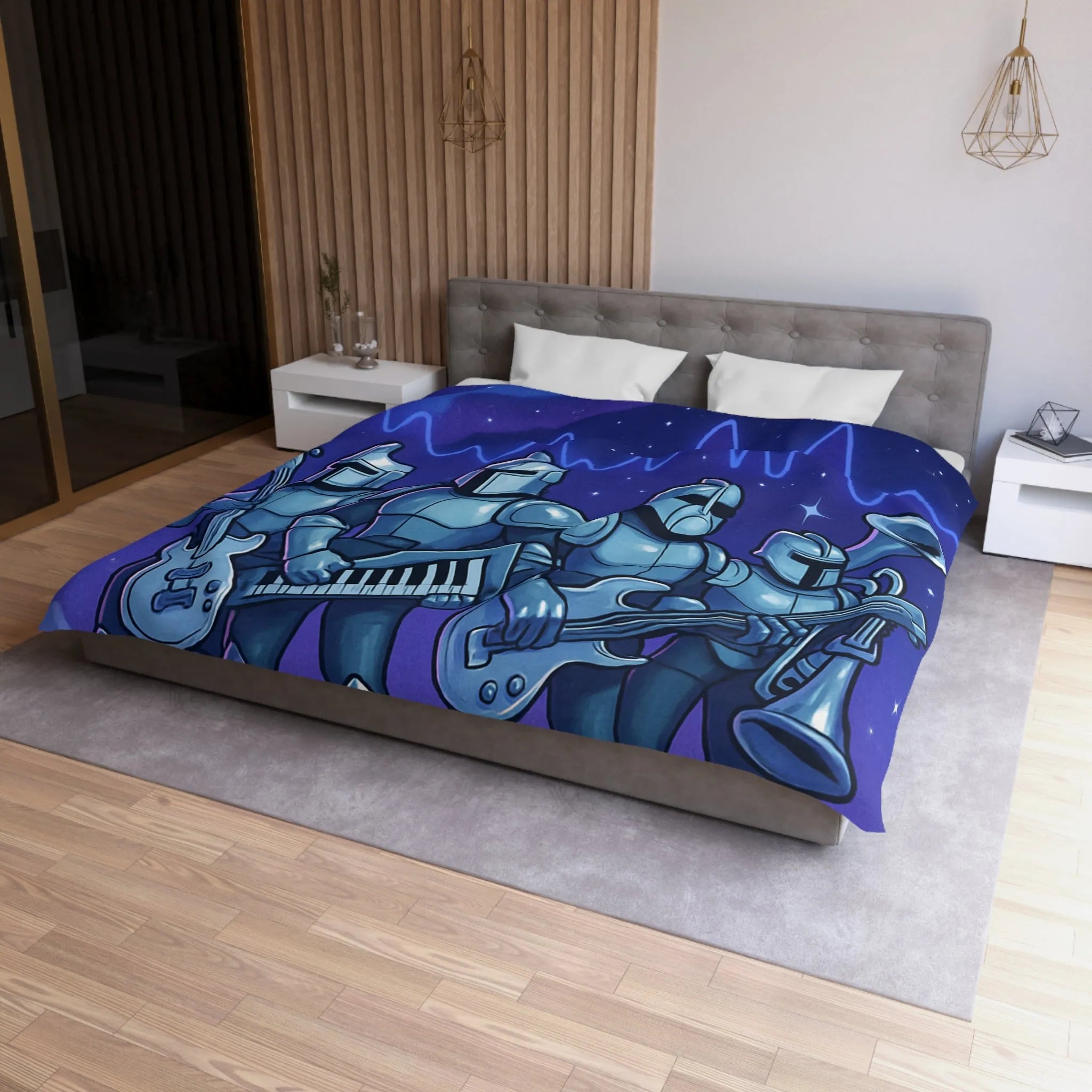 Housse de couette futuriste avec chevaliers musiciens sur fond spatial étoilé galactique