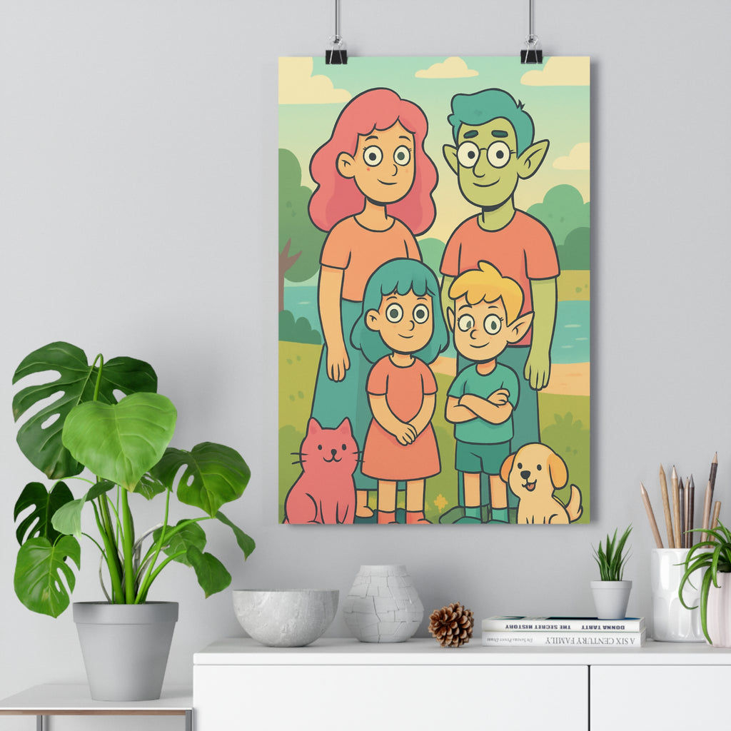 Poster décoratif cartoon pastel joyeux famille enfants animaux salon chambre lumineux coloré paysage arbre
