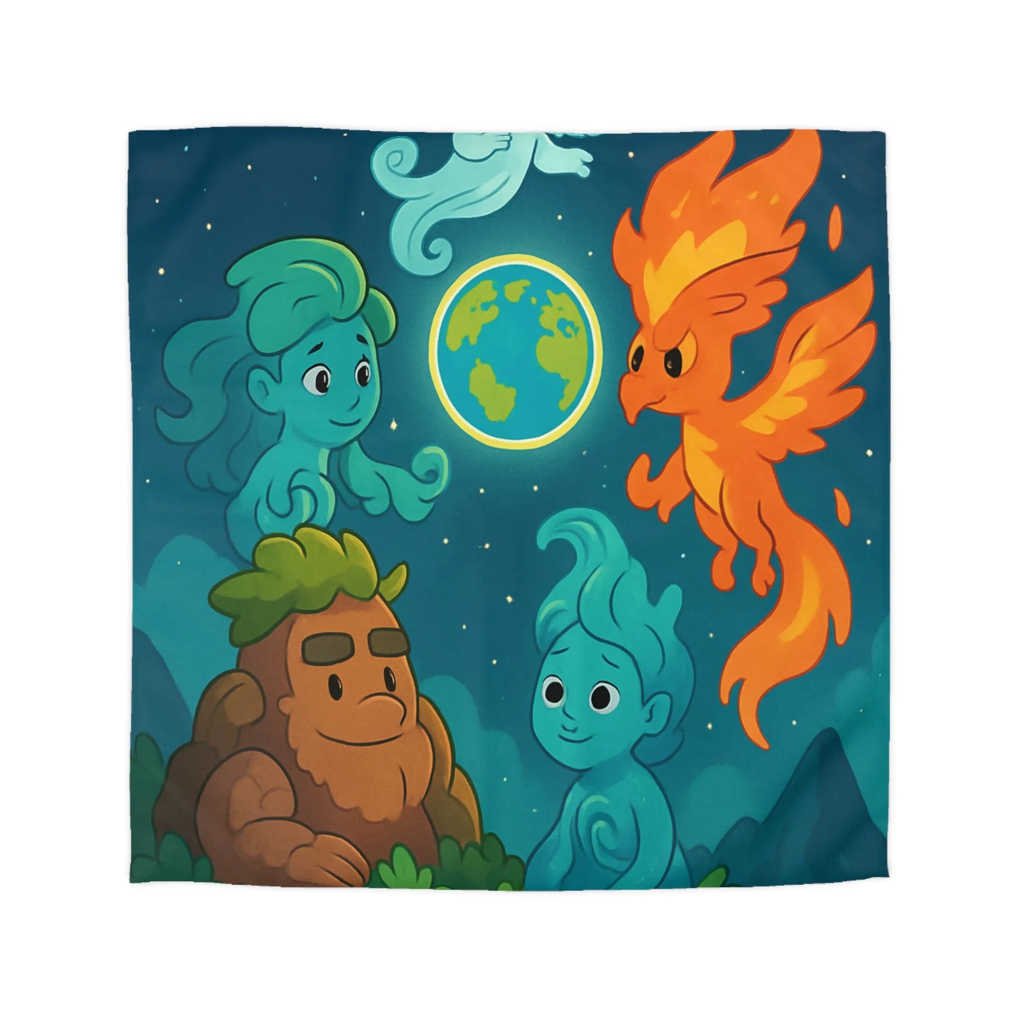 Housse de Couette Éléments Fantastiques pour Chambre Enfants avec Terre et Créatures Magiques