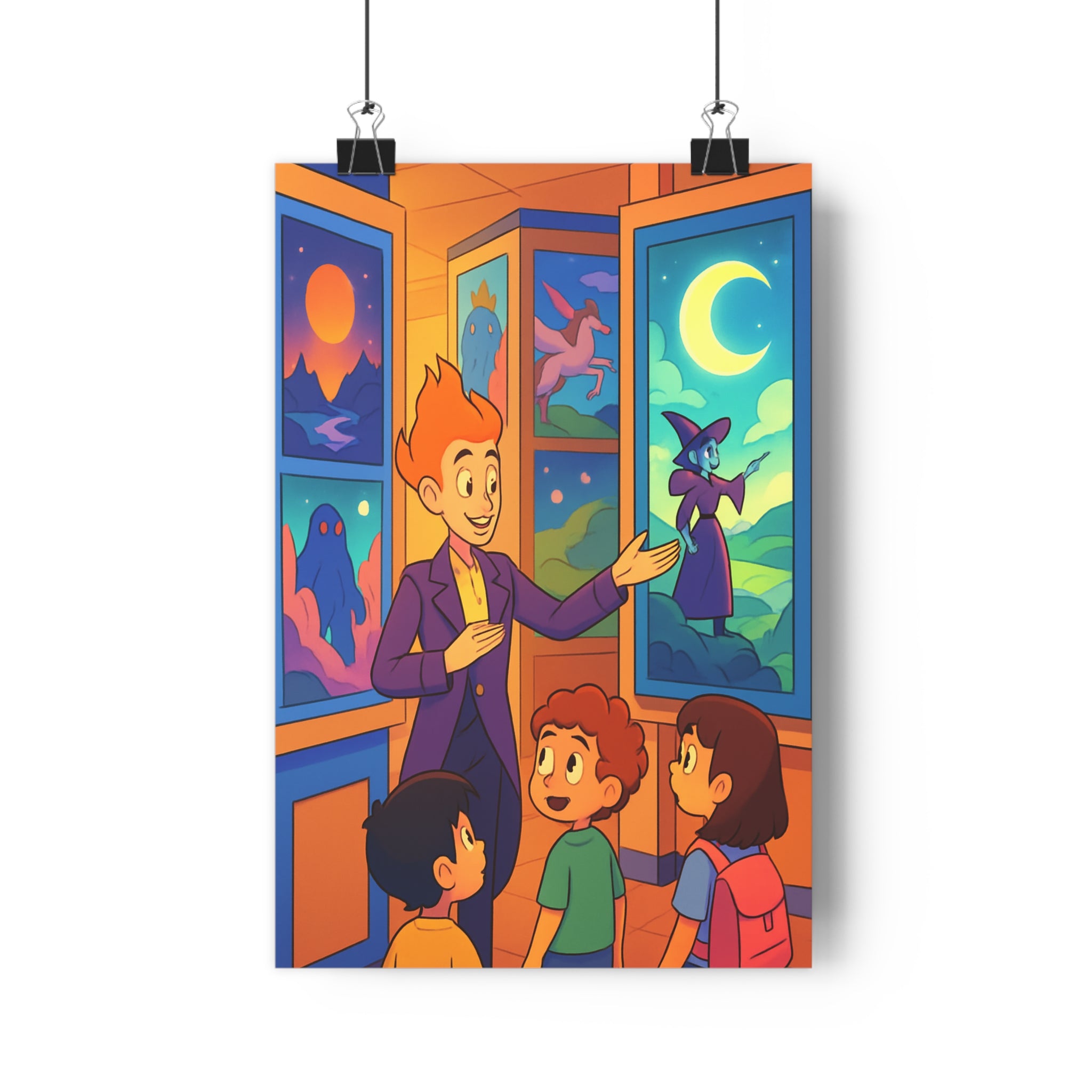 Poster décoratif animé boutique mystique enfants cheveux flamboyants montagne coucher soleil chambre enfant qualité