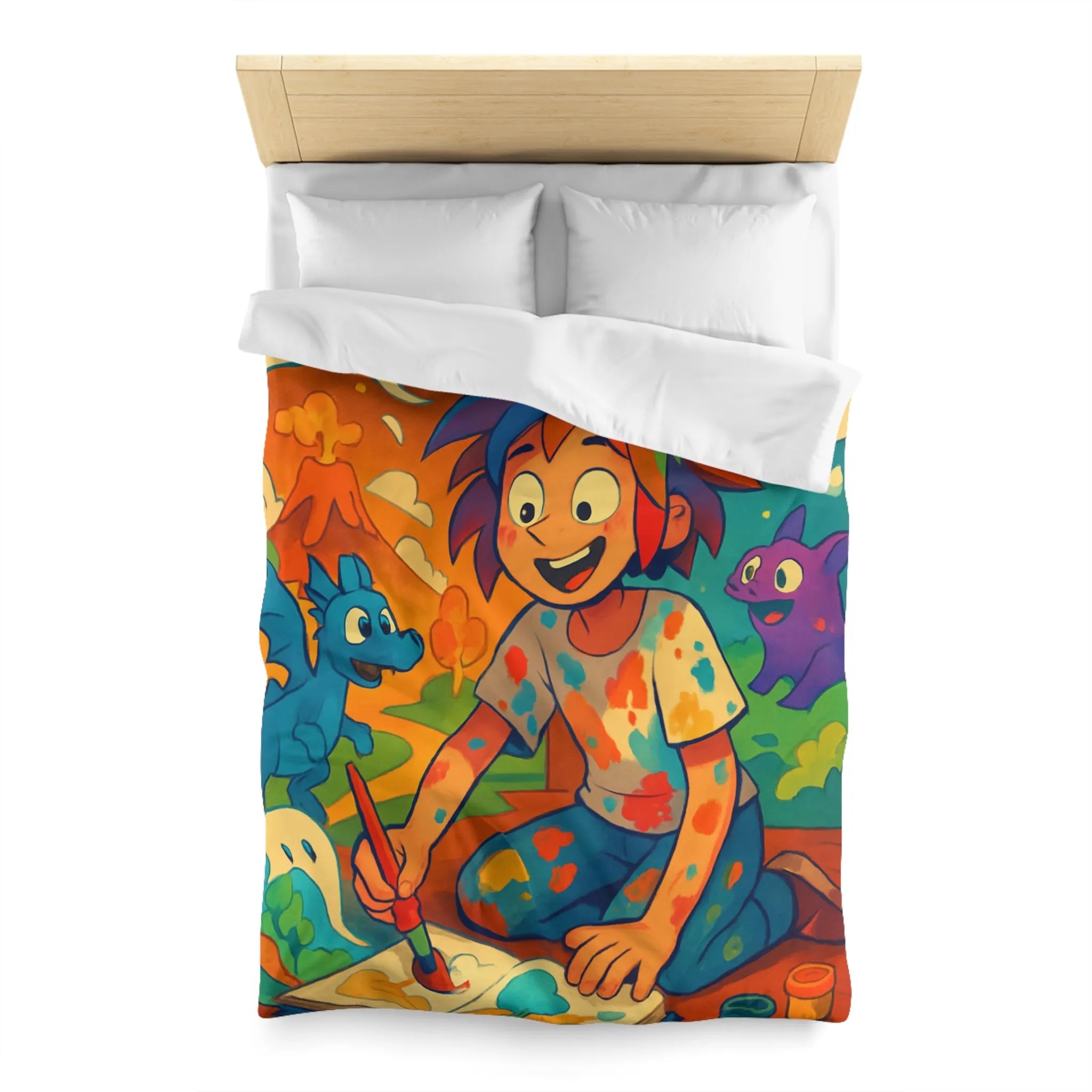 Housse de couette colorée illustrée avec enfant créatif et créatures fantastiques joyeuses