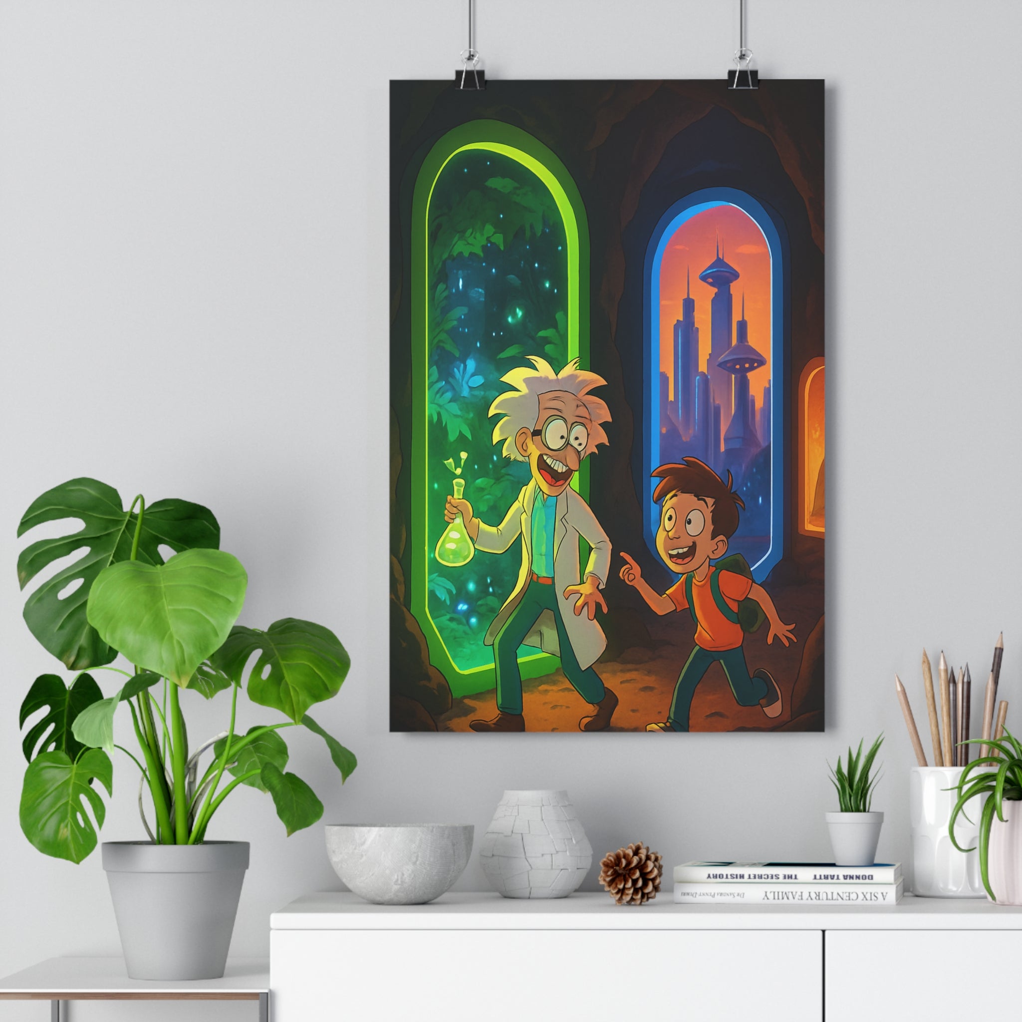 Poster décoratif cartoon aventure mystique vert orange chambre enfant bureau vibrant exploration personnages mouvement