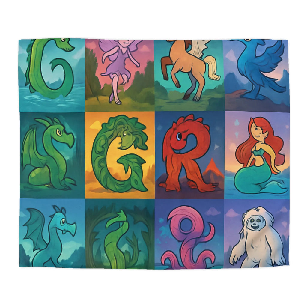 Housse de couette enchantée avec lettres magiques et créatures mythiques colorées